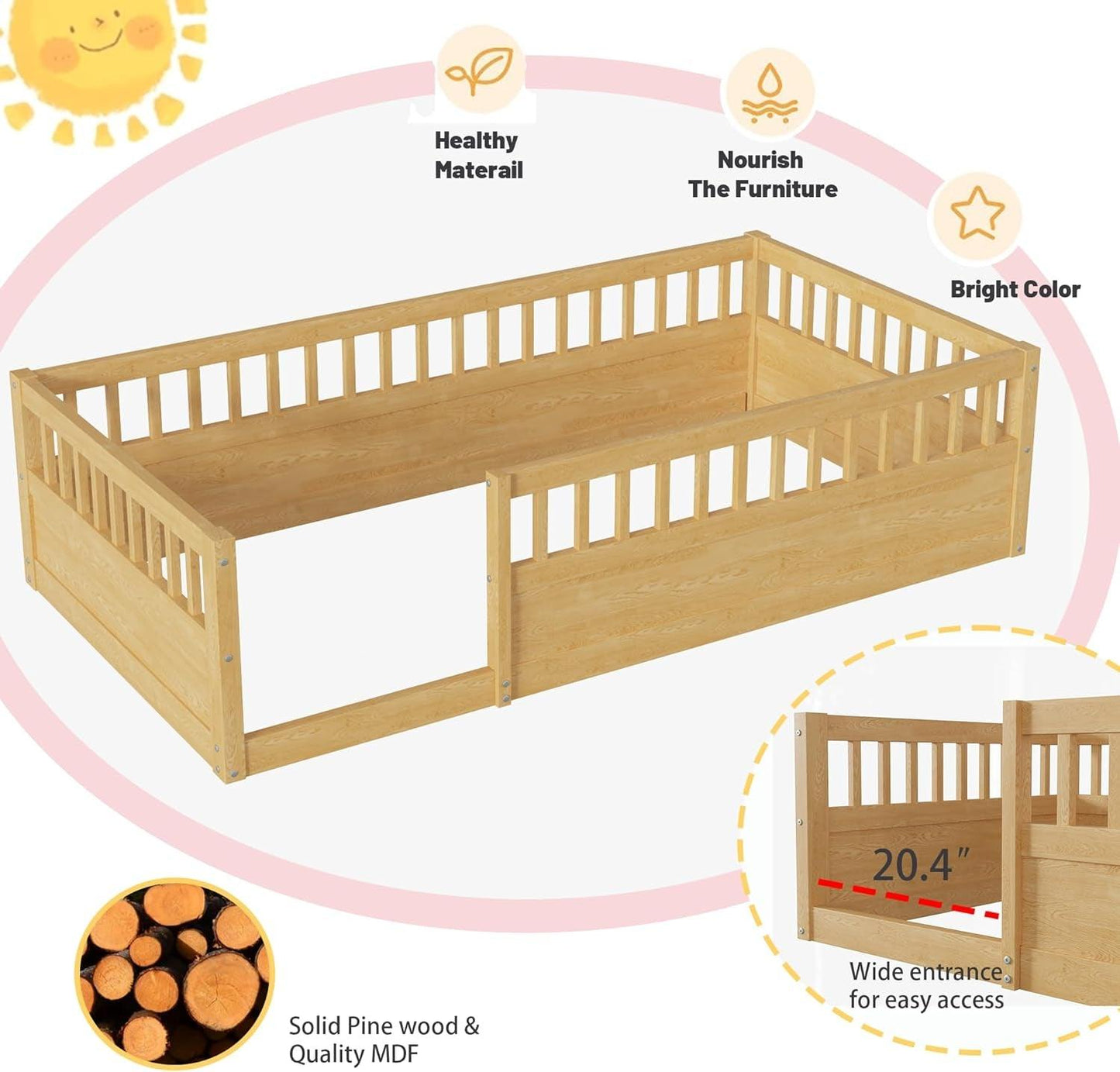 Cama de piso para niños, cama Montessori de tamaño doble con barandillas altas,