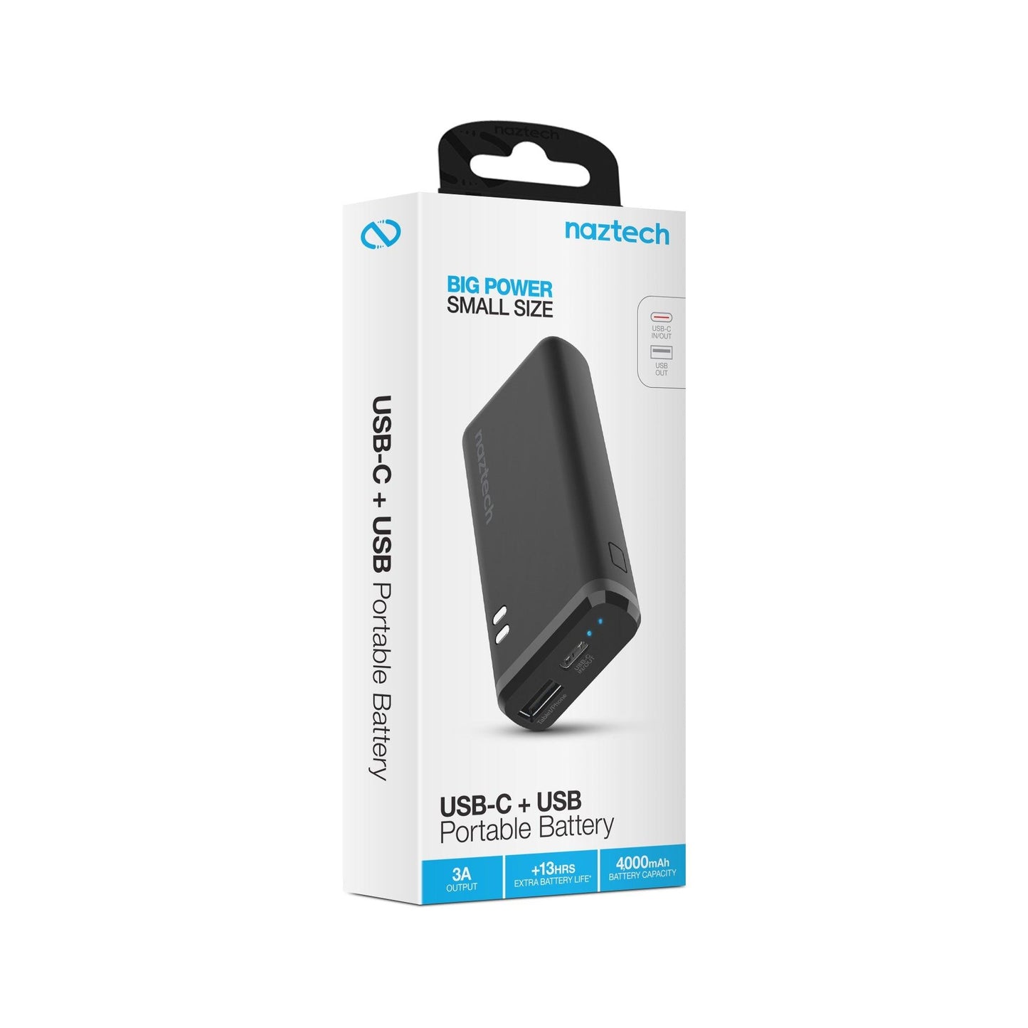 Banco de energía Naztech 4000mAh USB-C + USB con 13 horas de duración de batería (155