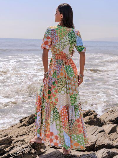 Printed Smocked Waist Short Sleeve Maxi Dress