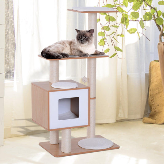 Rascador para gatos PawHut de 47" de madera de primera calidad, poste para gatos, casa para gatos