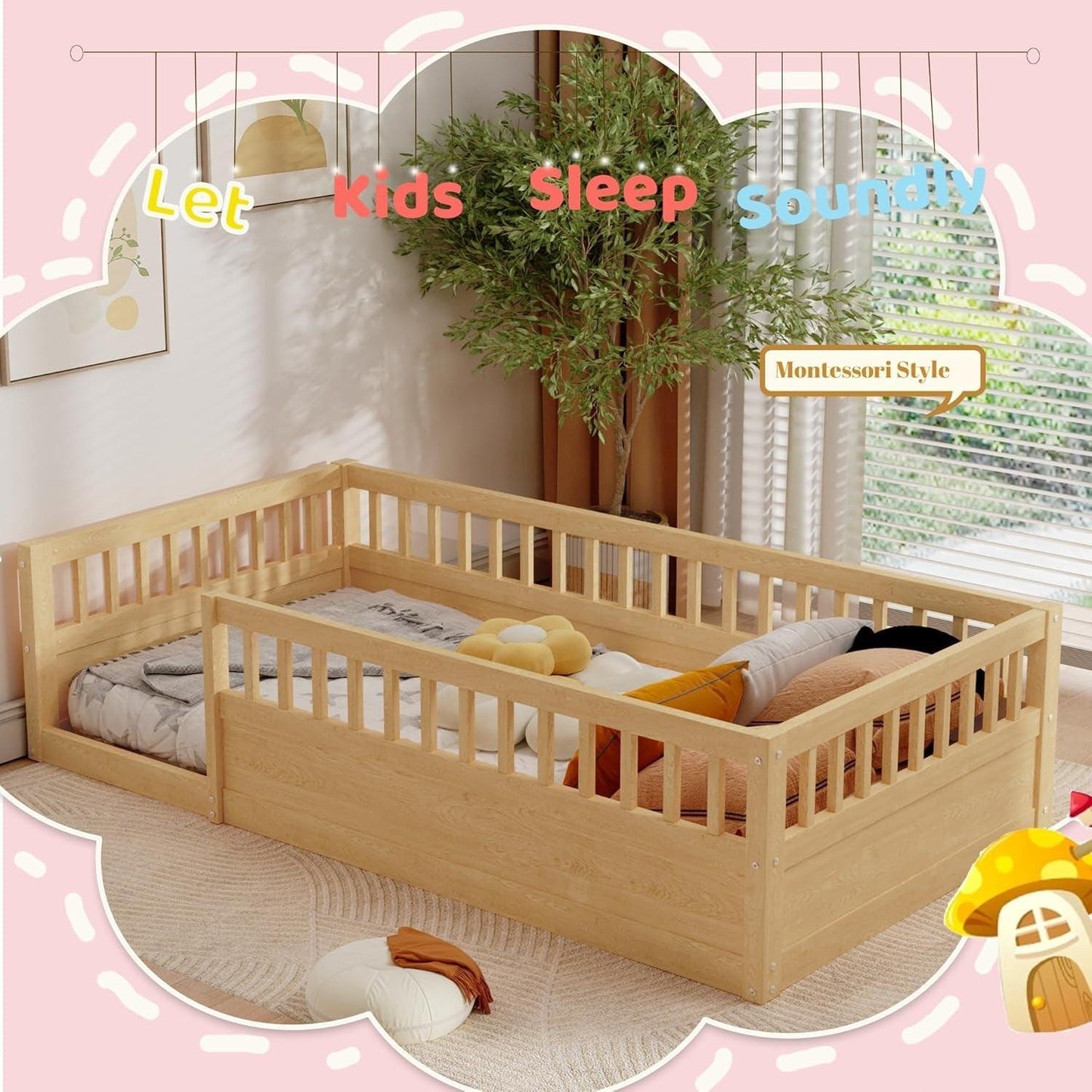 Cama de piso para niños, cama Montessori de tamaño doble con barandillas altas,