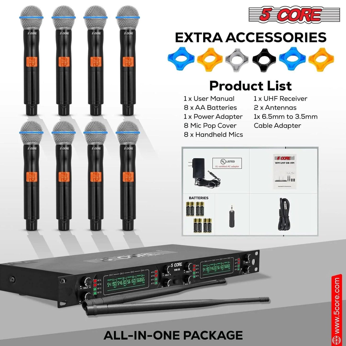 5Core Wireless Microphones 8 Channel Karaoke Professional UHF Singing Mic System Cordless Microfonos