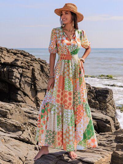 Printed Smocked Waist Short Sleeve Maxi Dress