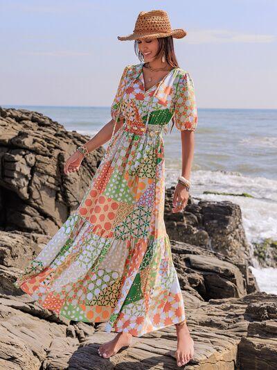 Printed Smocked Waist Short Sleeve Maxi Dress