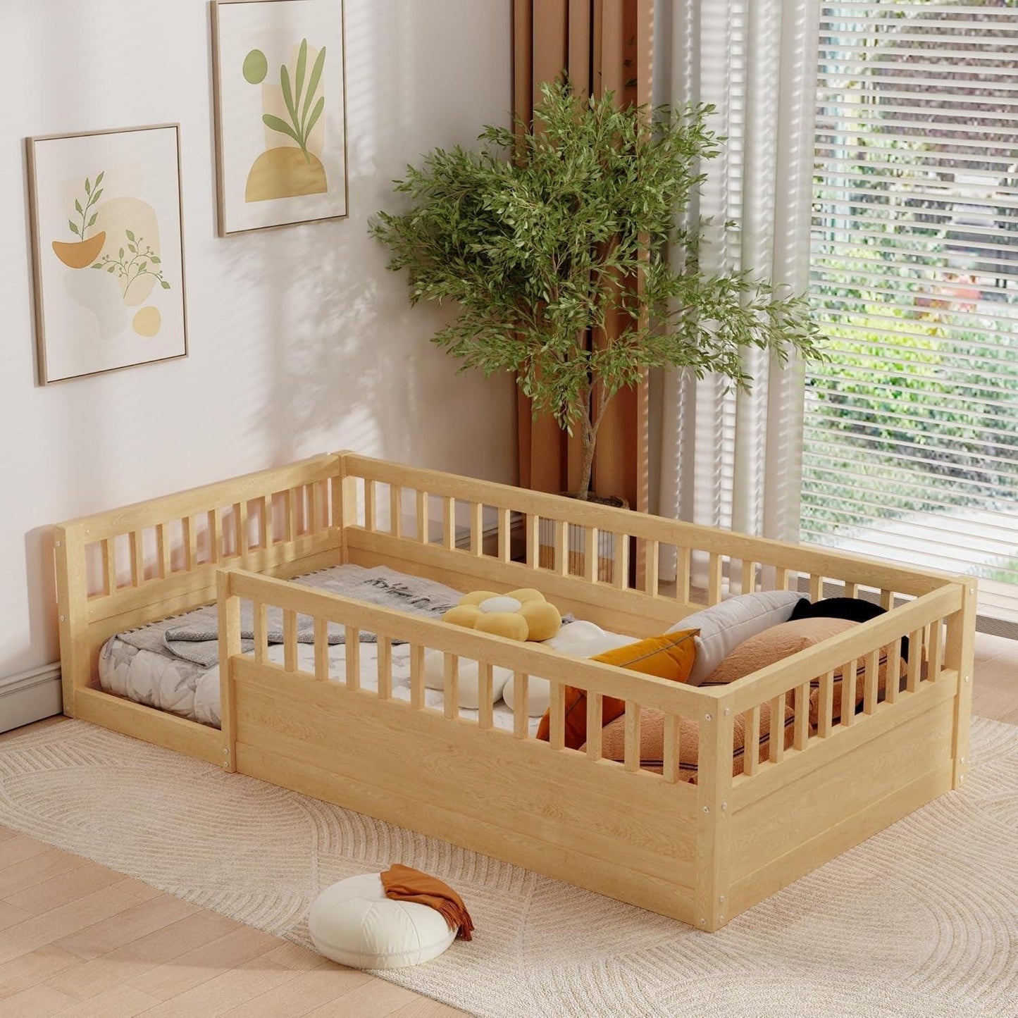 Cama de piso para niños, cama Montessori de tamaño doble con barandillas altas,