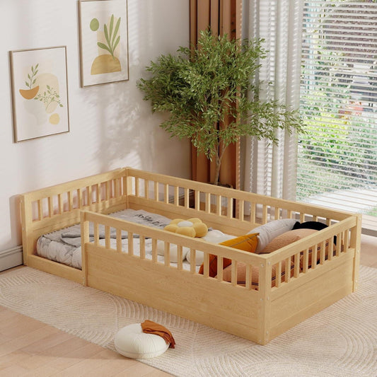 Cama de piso para niños, cama Montessori de tamaño doble con barandillas altas,