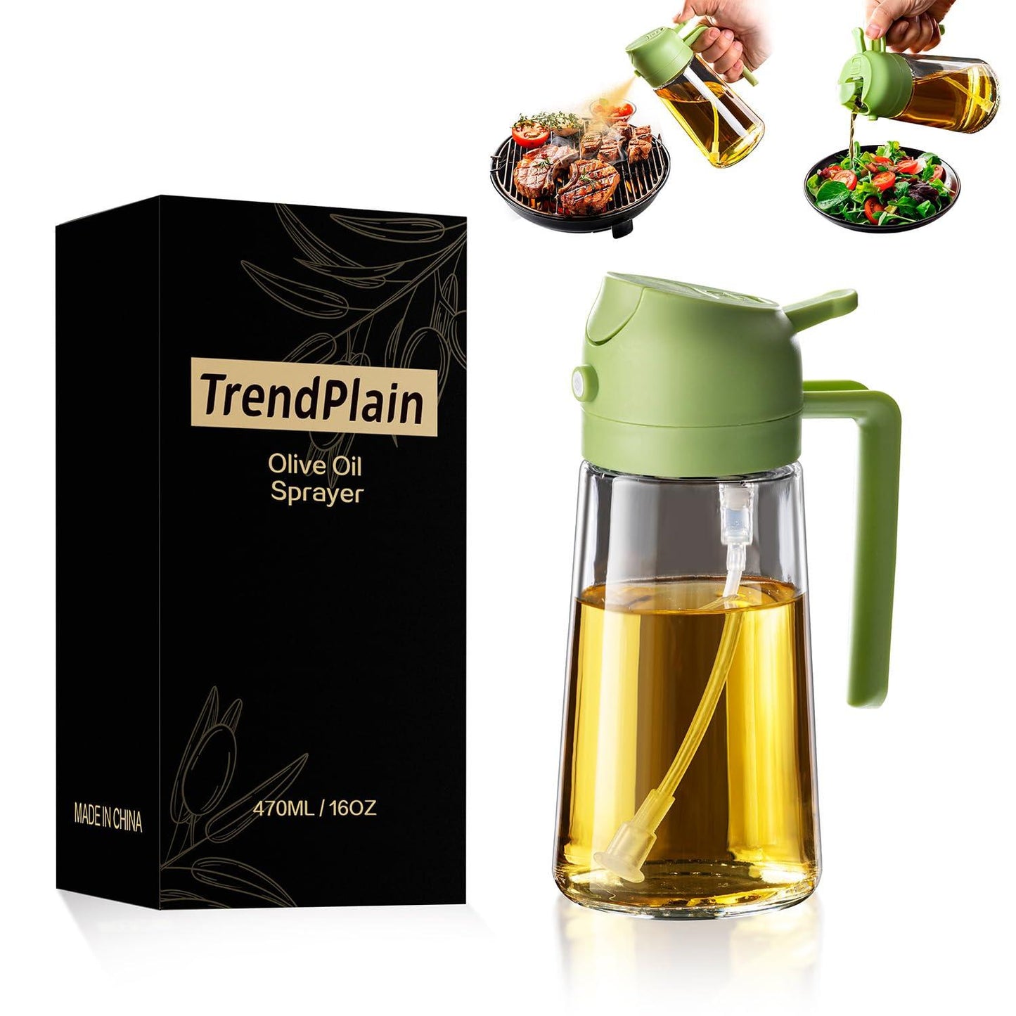 TrendPlain 16oz/470ml Olive Oil Sprayer for Cooking - 2 in 1 Olive Oil Dispenser for Kitchen Gadgets, Air Fryer, Salad, and BBQ - 2 Black