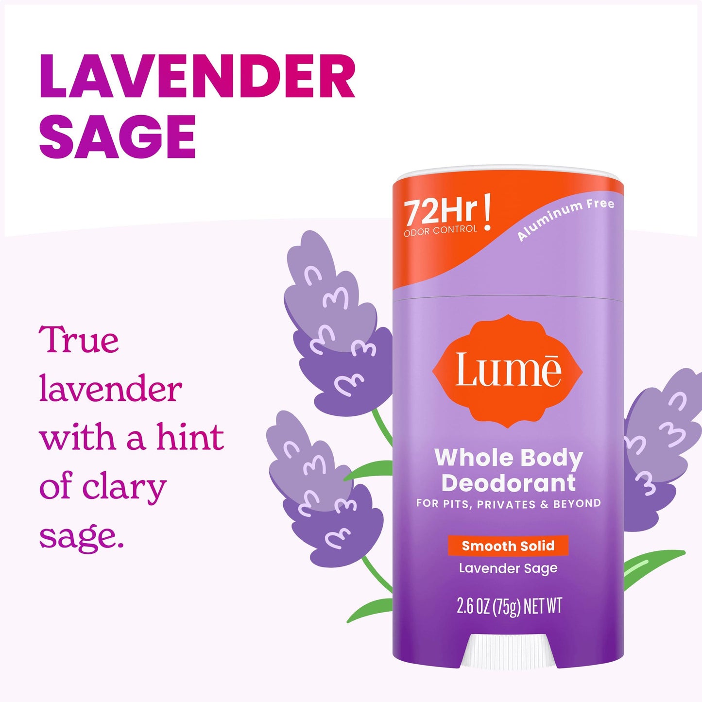 Lume Whole Body Deodorant - Smooth Solid Stick - 72 Hour Odor Control - Aluminum Free, Baking Soda Free and Skin Safe - 2.6 Ounce (Pack of 2) (Clean Tangerine)