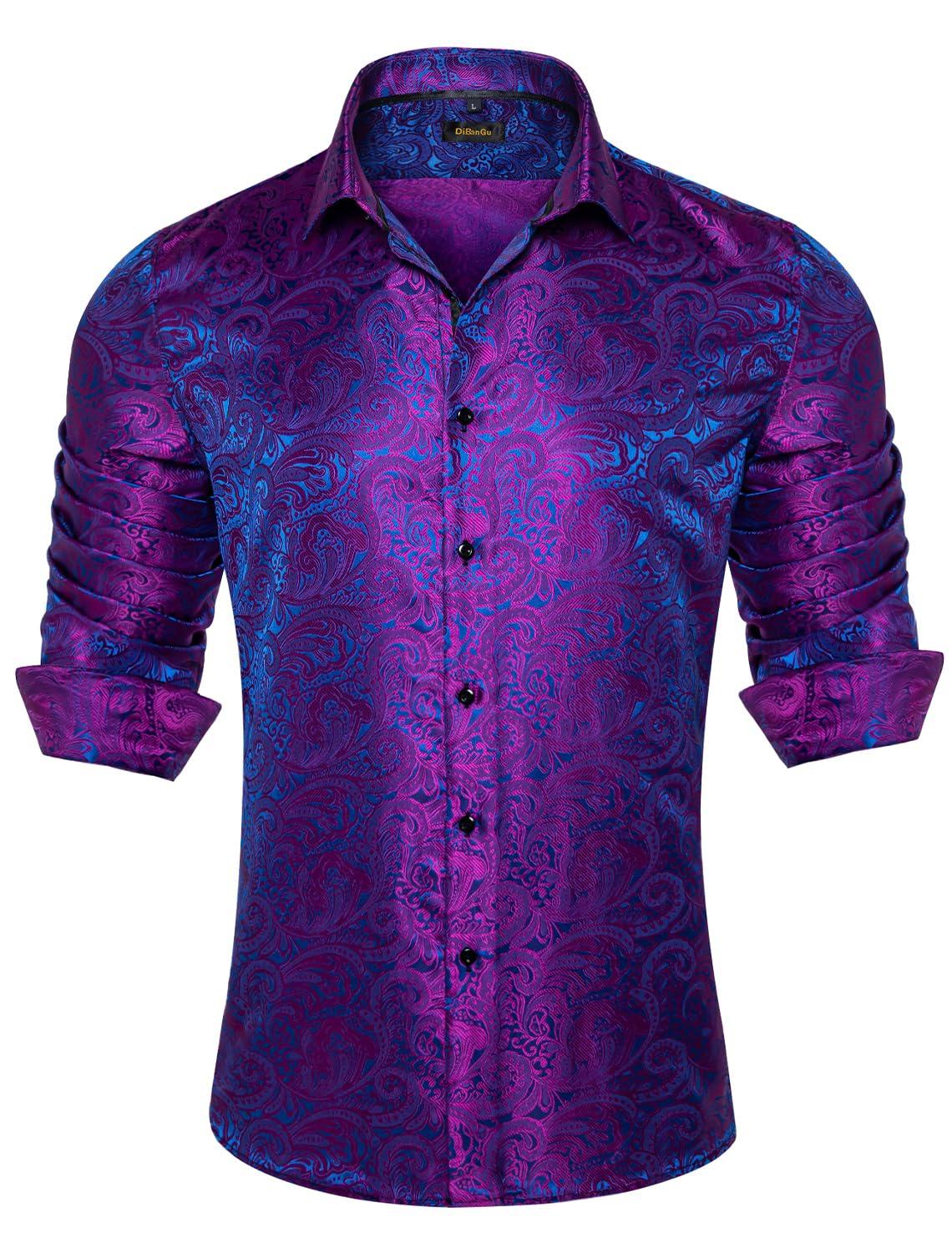 DiBanGu Mens Silk Paisley Dress Shirts,Long Sleeve Button Down Shirt Casual Regular Fit Shirt for Men Wedding Party