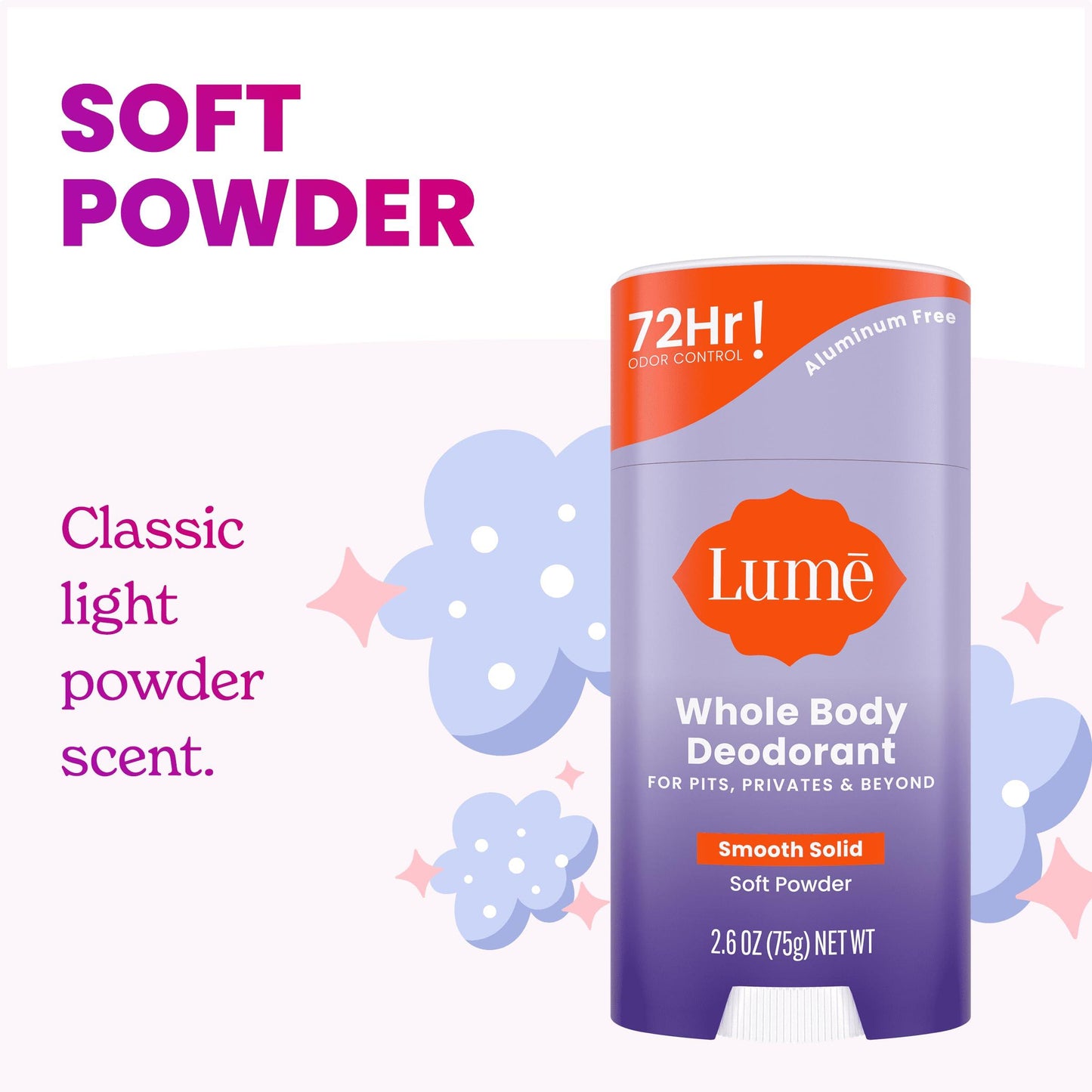 Lume Whole Body Deodorant - Smooth Solid Stick - 72 Hour Odor Control - Aluminum Free, Baking Soda Free and Skin Safe - 2.6 Ounce (Pack of 2) (Clean Tangerine)