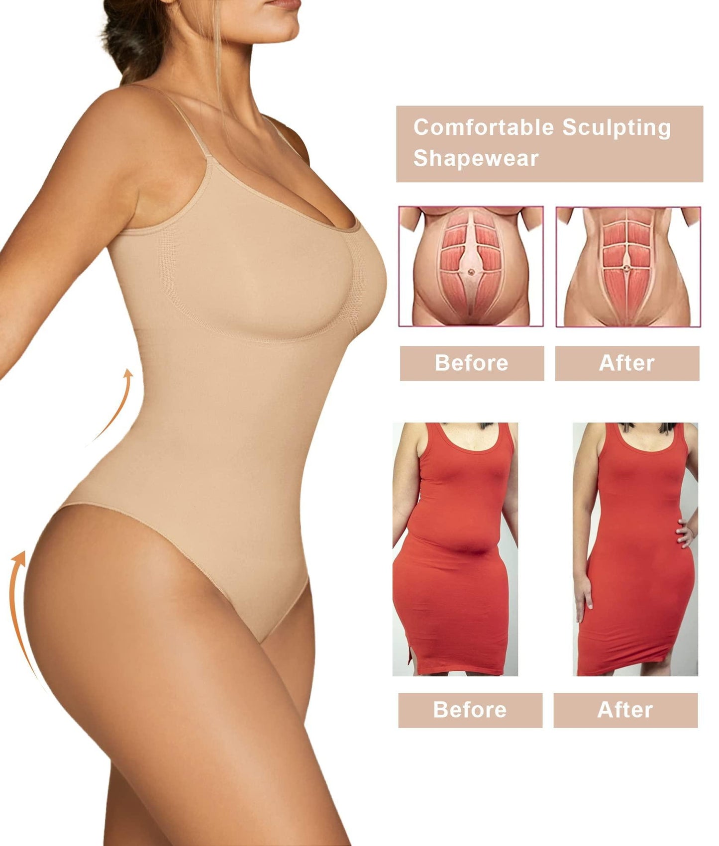 SHAPERX Women's Shapewear Bodysuit Tummy Control Body Shaper Seamless Sculpting Snatched Waist Body Suit