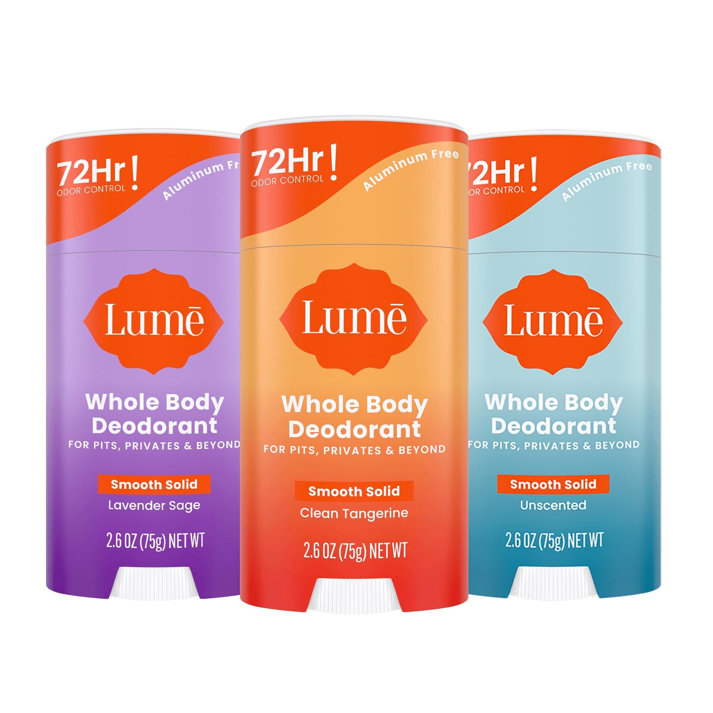 Lume Whole Body Deodorant - Smooth Solid Stick - 72 Hour Odor Control - Aluminum Free, Baking Soda Free and Skin Safe - 2.6 Ounce (Pack of 2) (Clean Tangerine)