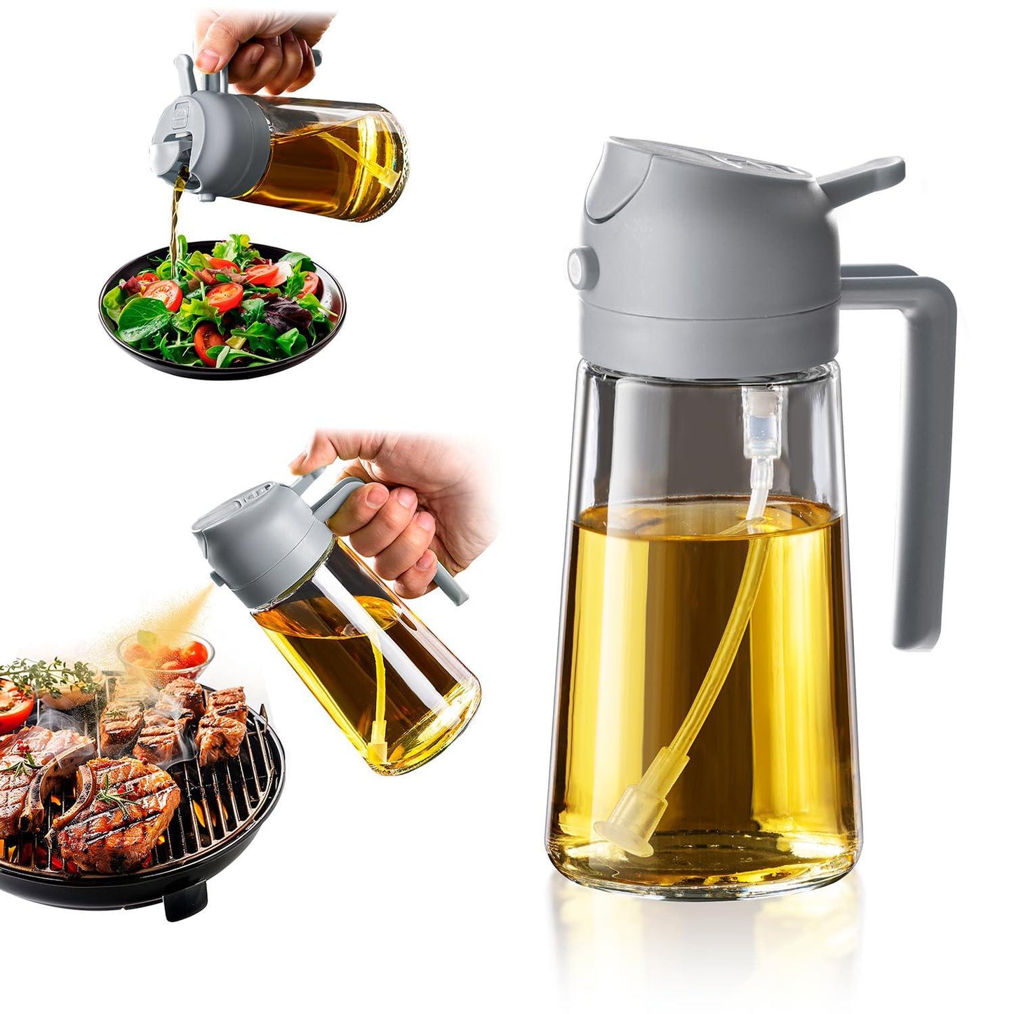 TrendPlain 16oz/470ml Olive Oil Sprayer for Cooking - 2 in 1 Olive Oil Dispenser for Kitchen Gadgets, Air Fryer, Salad, and BBQ - 2 Black