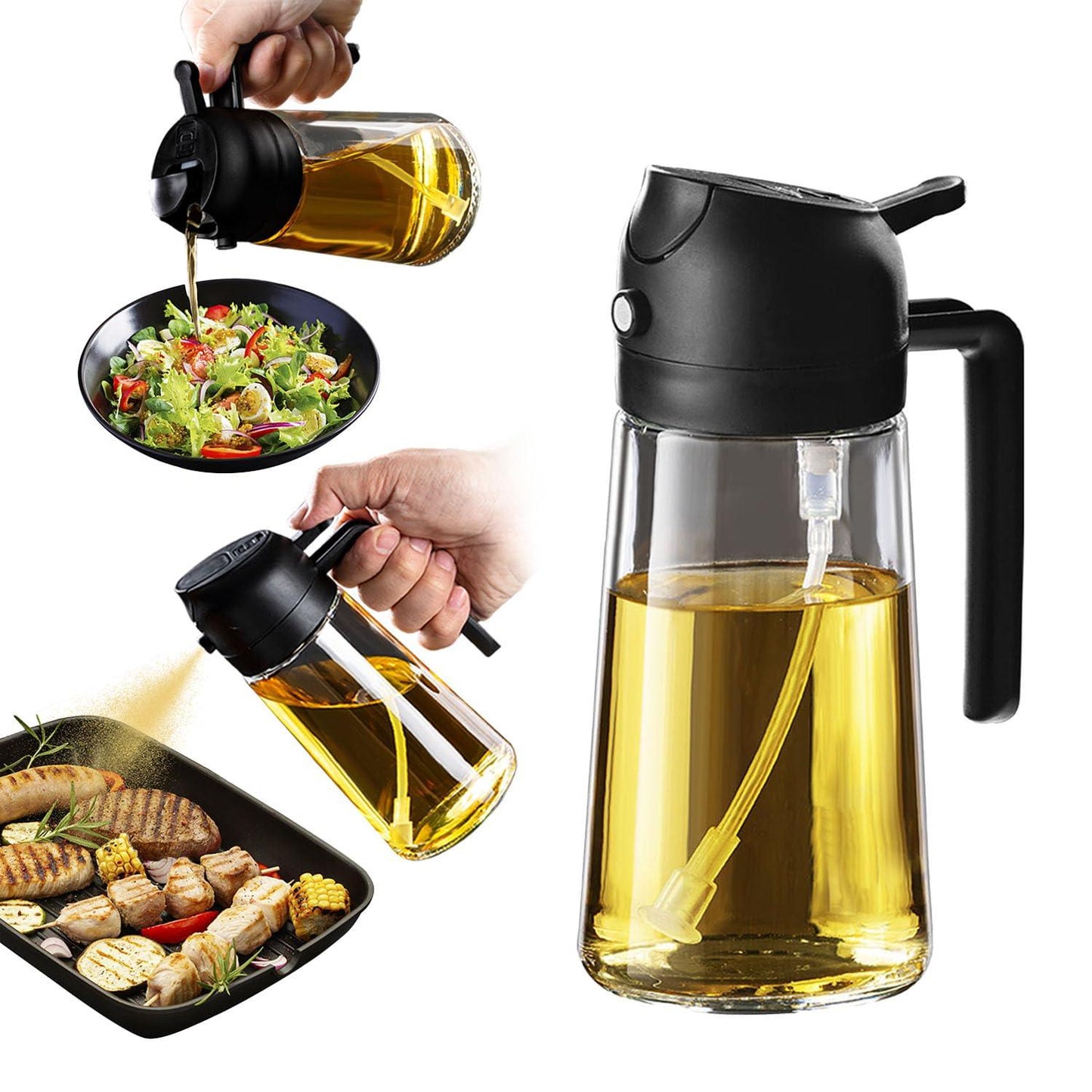 TrendPlain 16oz/470ml Olive Oil Sprayer for Cooking - 2 in 1 Olive Oil Dispenser for Kitchen Gadgets, Air Fryer, Salad, and BBQ - 2 Black