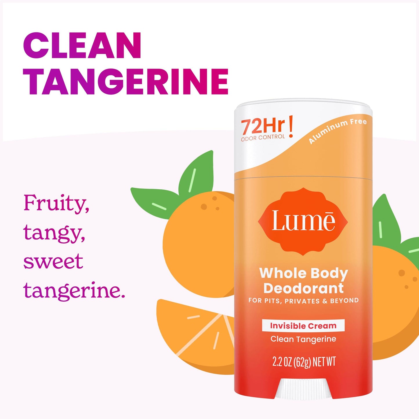 Lume Whole Body Deodorant - Smooth Solid Stick - 72 Hour Odor Control - Aluminum Free, Baking Soda Free and Skin Safe - 2.6 Ounce (Pack of 2) (Clean Tangerine)