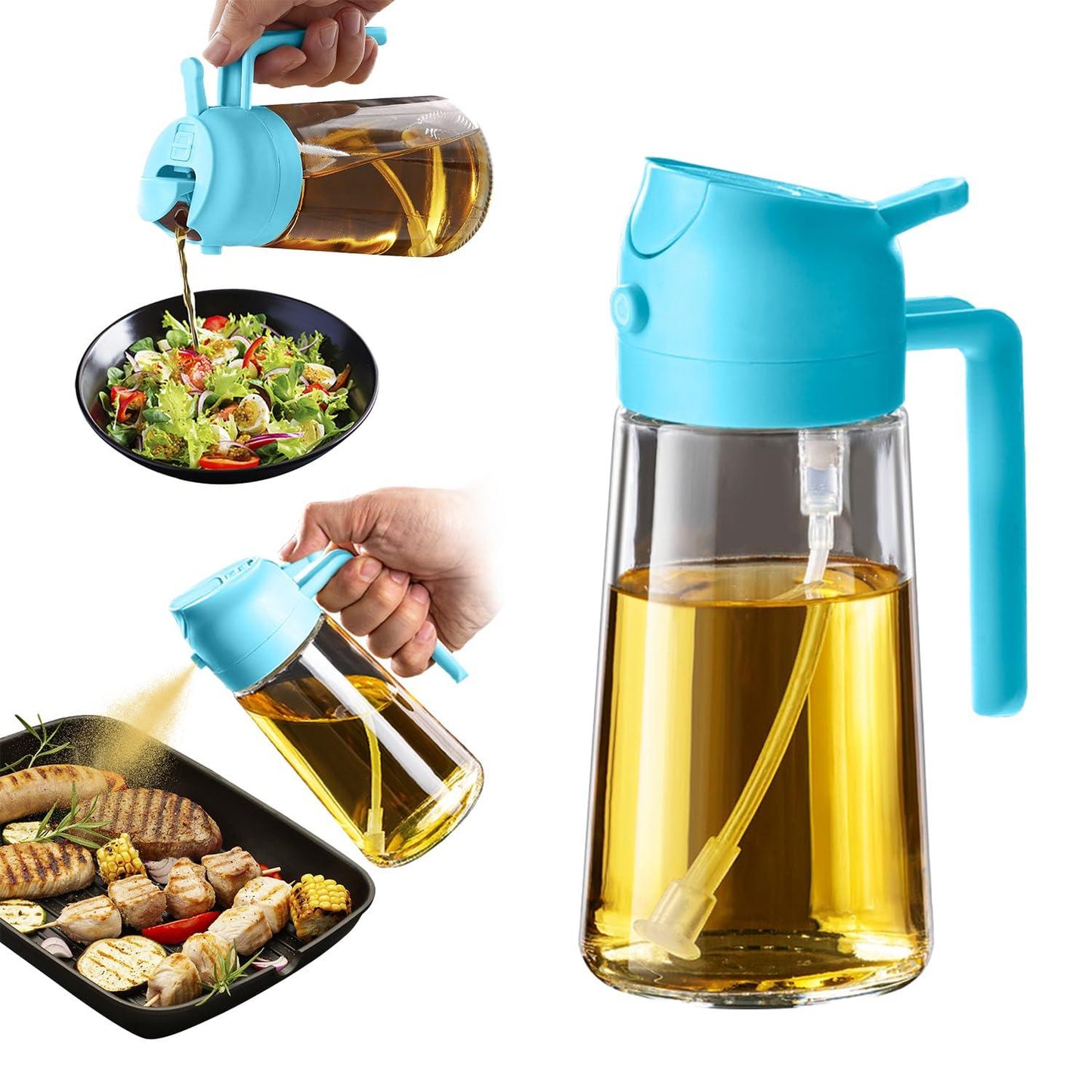 TrendPlain 16oz/470ml Olive Oil Sprayer for Cooking - 2 in 1 Olive Oil Dispenser for Kitchen Gadgets, Air Fryer, Salad, and BBQ - 2 Black