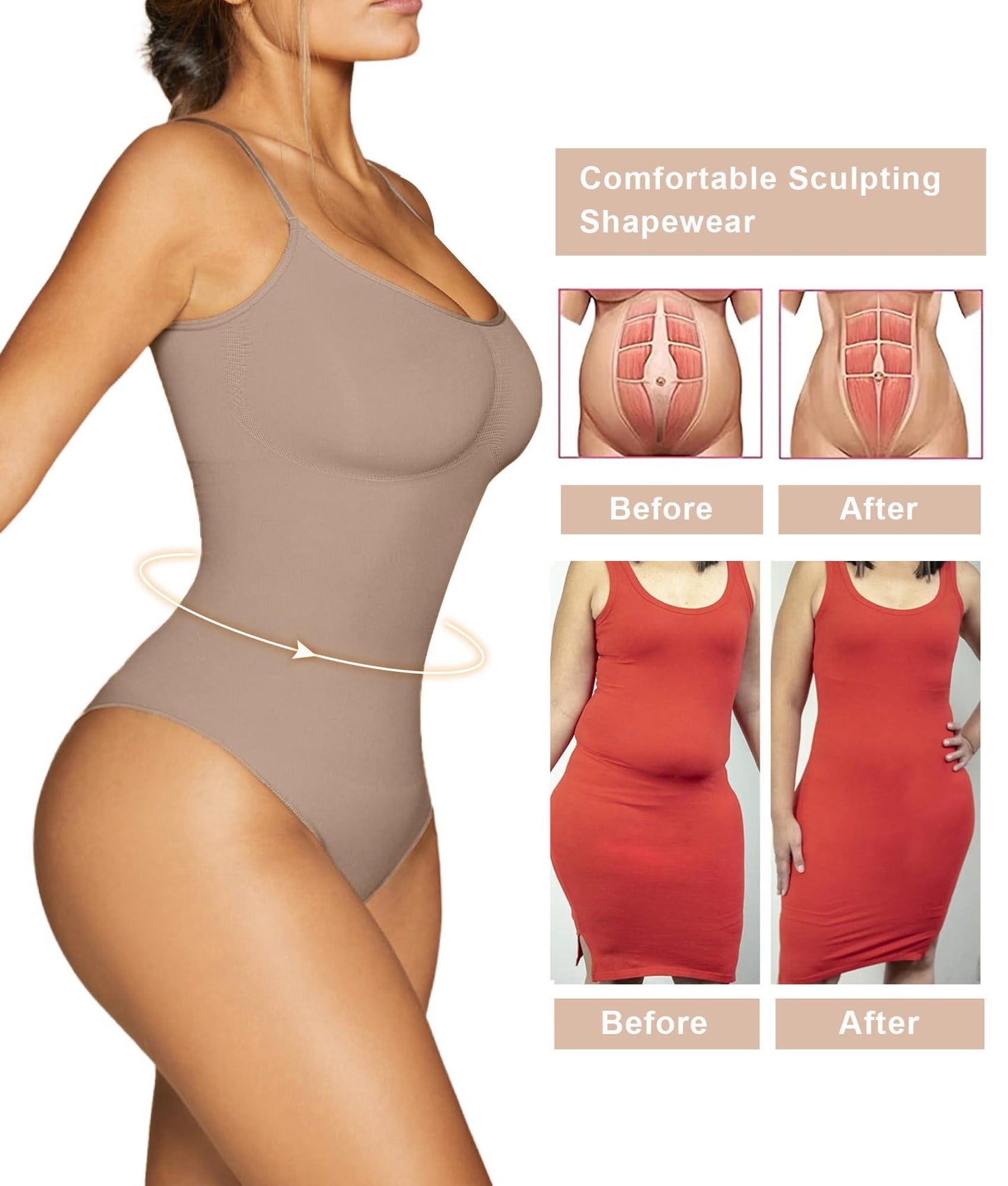 SHAPERX Women's Shapewear Bodysuit Tummy Control Body Shaper Seamless Sculpting Snatched Waist Body Suit