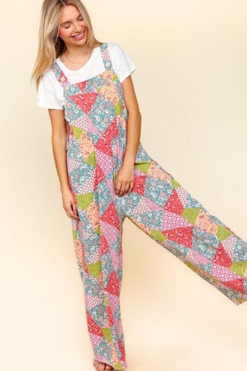 Haptics Wide Leg Overalls with Pockets - Full Size Printed Design and