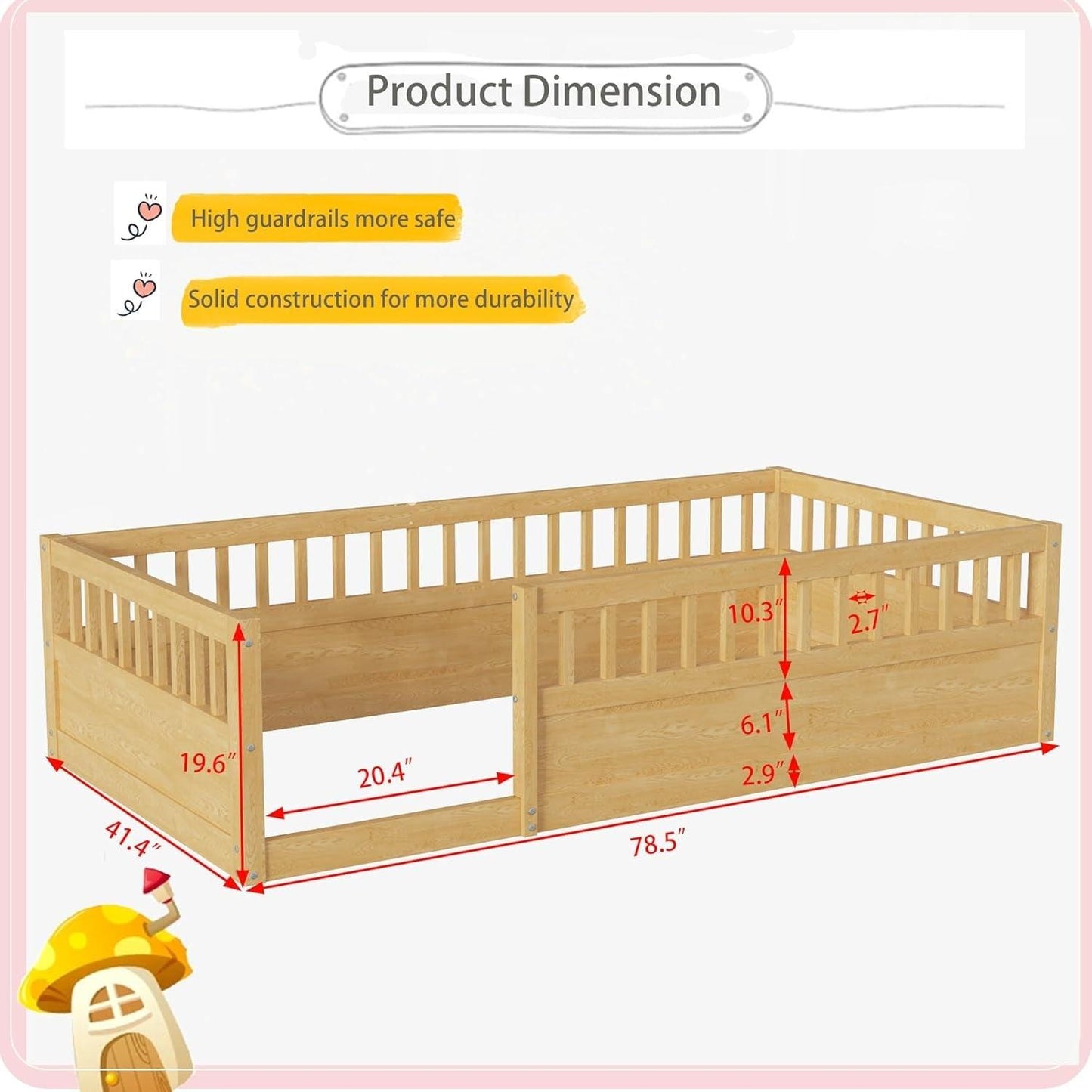 Cama de piso para niños, cama Montessori de tamaño doble con barandillas altas,