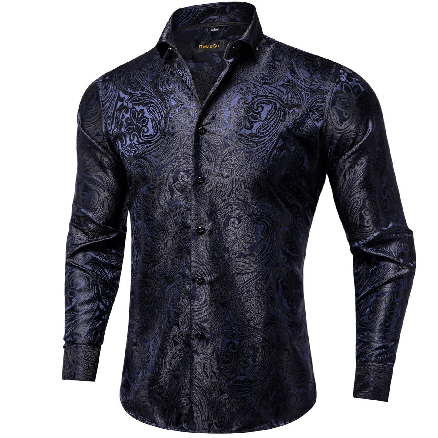 DiBanGu Mens Silk Paisley Dress Shirts,Long Sleeve Button Down Shirt Casual Regular Fit Shirt for Men Wedding Party