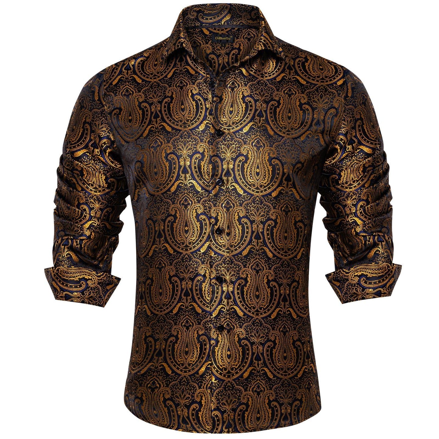 DiBanGu Mens Silk Paisley Dress Shirts,Long Sleeve Button Down Shirt Casual Regular Fit Shirt for Men Wedding Party