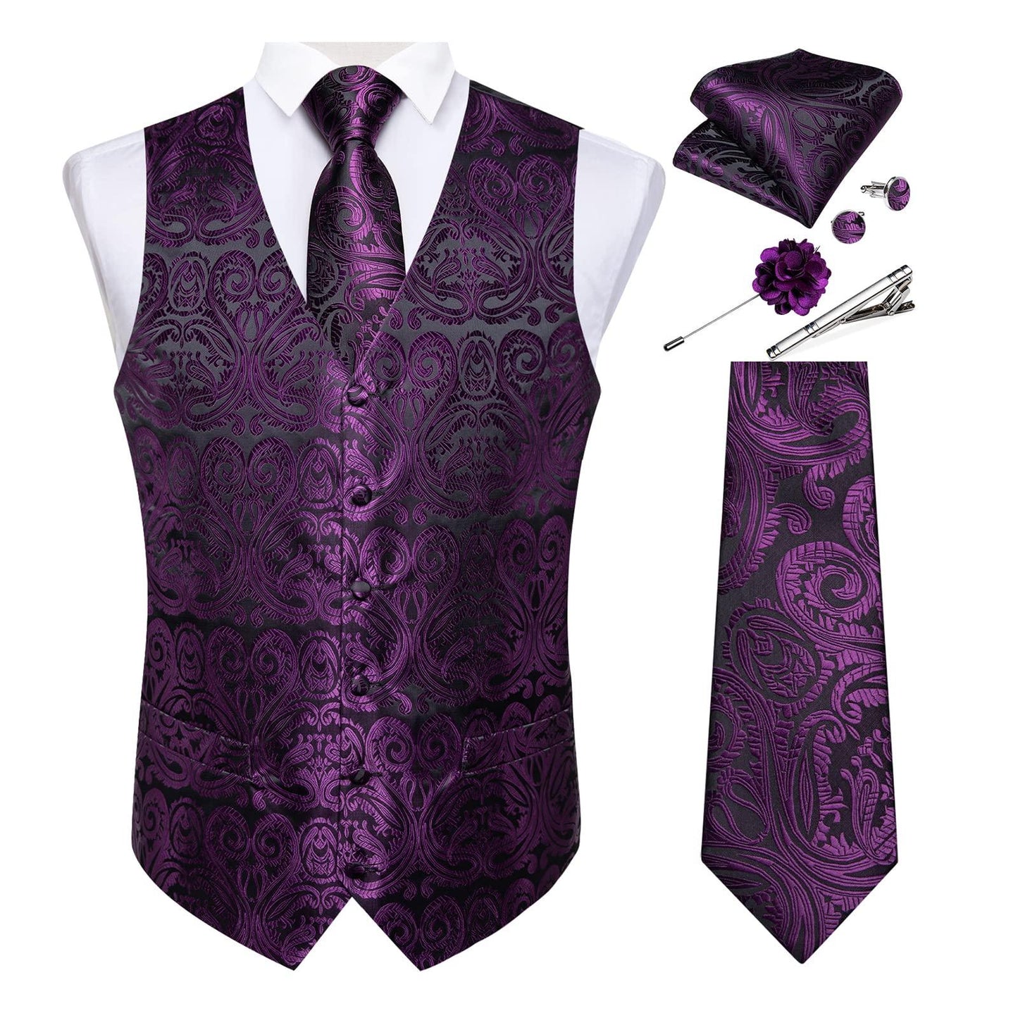 DiBanGu Mens Vest and Tie Set Formal Paisley Waistcoat and Necktie Pocket Square Cufflinks Silk Suit Vest for Tuxedo Wedding