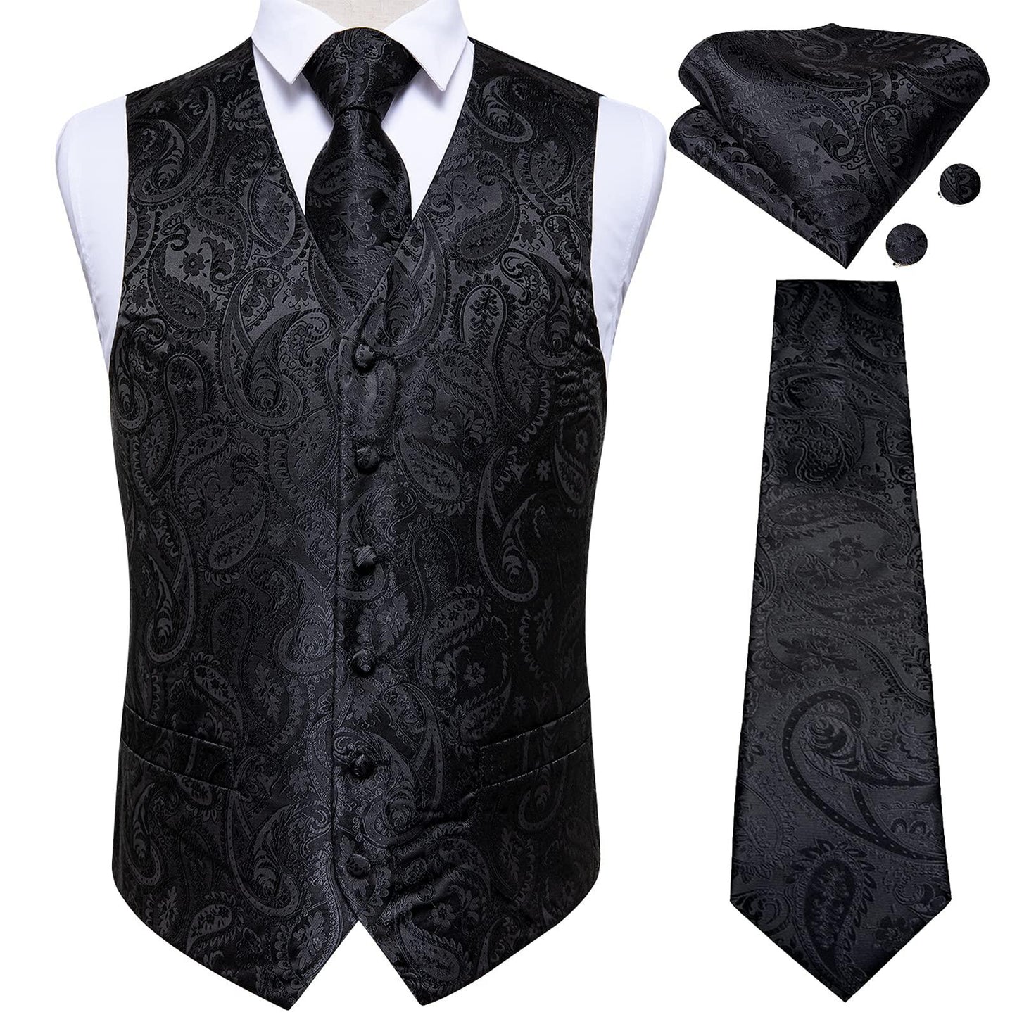 DiBanGu Mens Vest and Tie Set Formal Paisley Waistcoat and Necktie Pocket Square Cufflinks Silk Suit Vest for Tuxedo Wedding