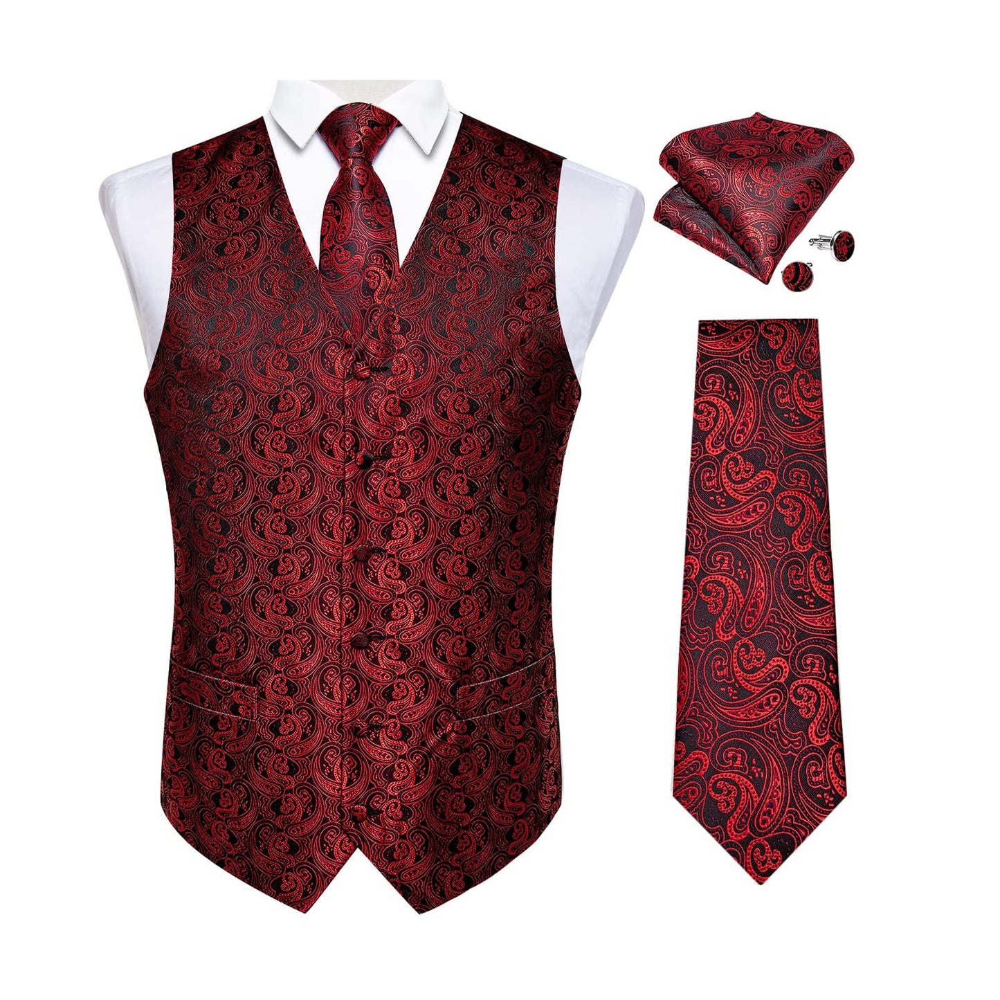 DiBanGu Mens Vest and Tie Set Formal Paisley Waistcoat and Necktie Pocket Square Cufflinks Silk Suit Vest for Tuxedo Wedding