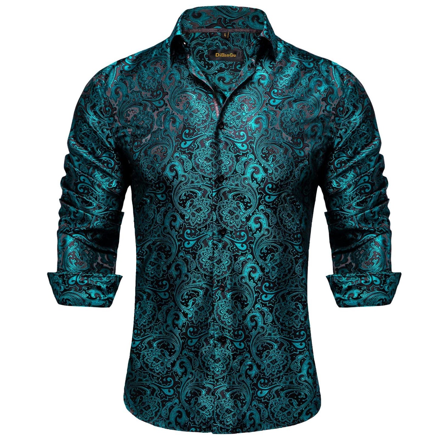 DiBanGu Mens Silk Paisley Dress Shirts,Long Sleeve Button Down Shirt Casual Regular Fit Shirt for Men Wedding Party