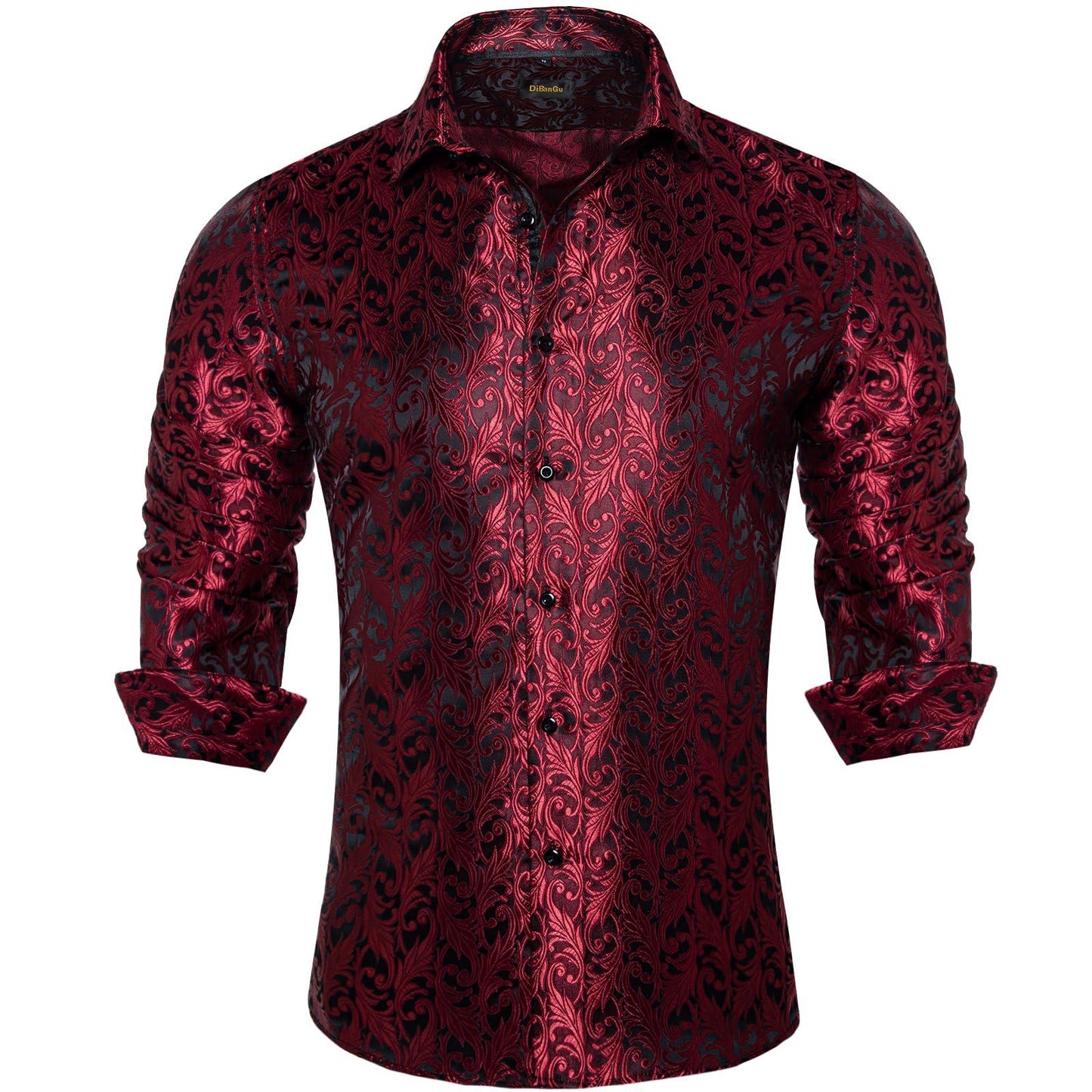 DiBanGu Mens Silk Paisley Dress Shirts,Long Sleeve Button Down Shirt Casual Regular Fit Shirt for Men Wedding Party