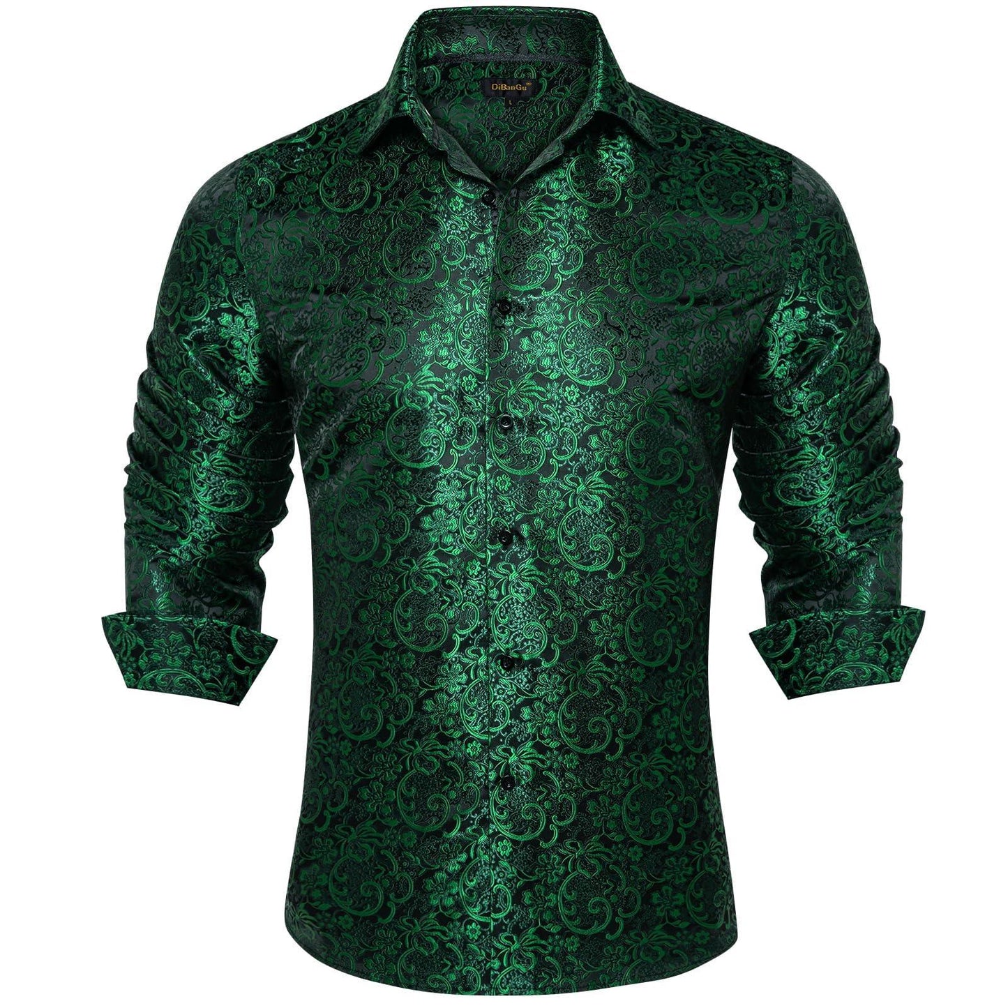 DiBanGu Mens Silk Paisley Dress Shirts,Long Sleeve Button Down Shirt Casual Regular Fit Shirt for Men Wedding Party