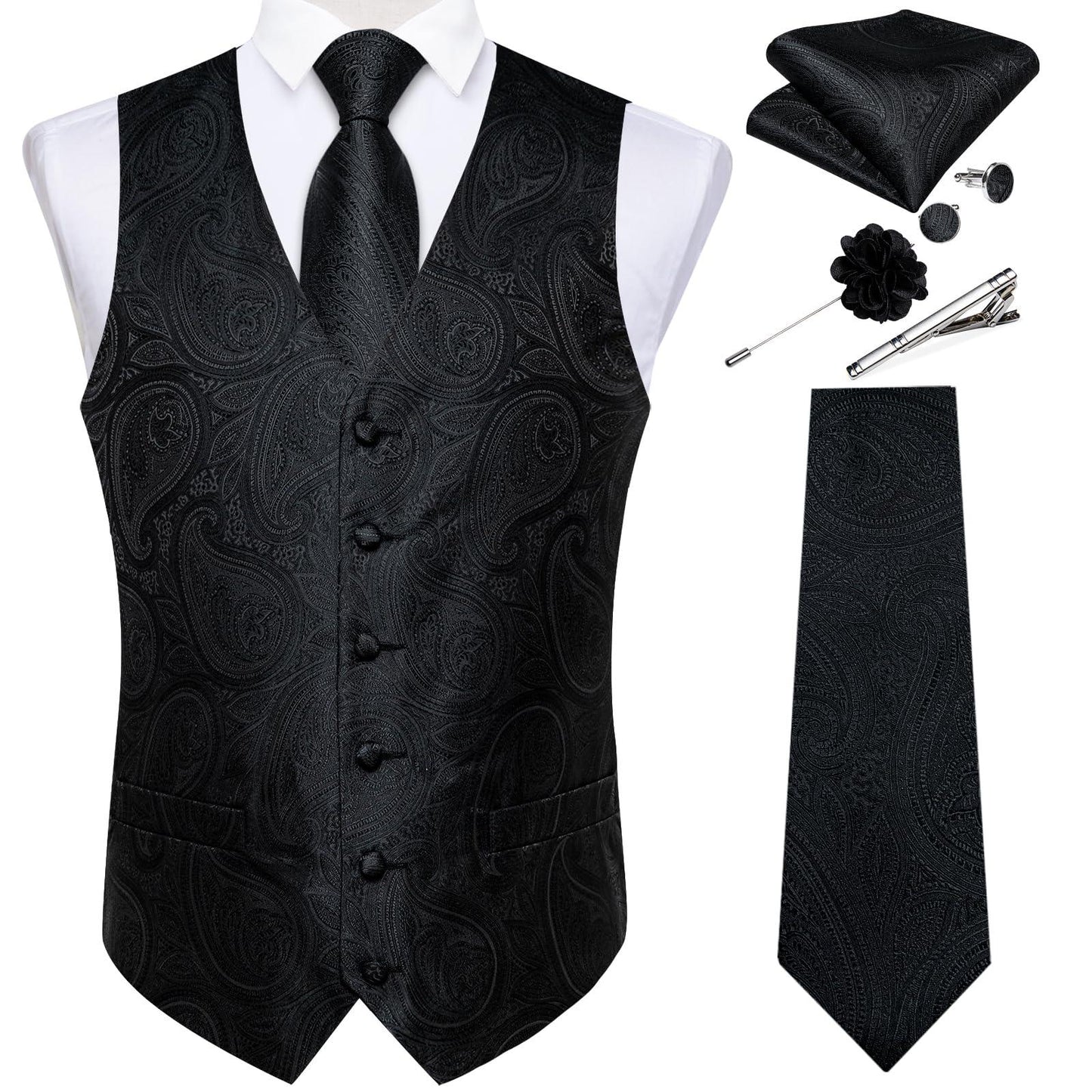 DiBanGu Mens Vest and Tie Set Formal Paisley Waistcoat and Necktie Pocket Square Cufflinks Silk Suit Vest for Tuxedo Wedding