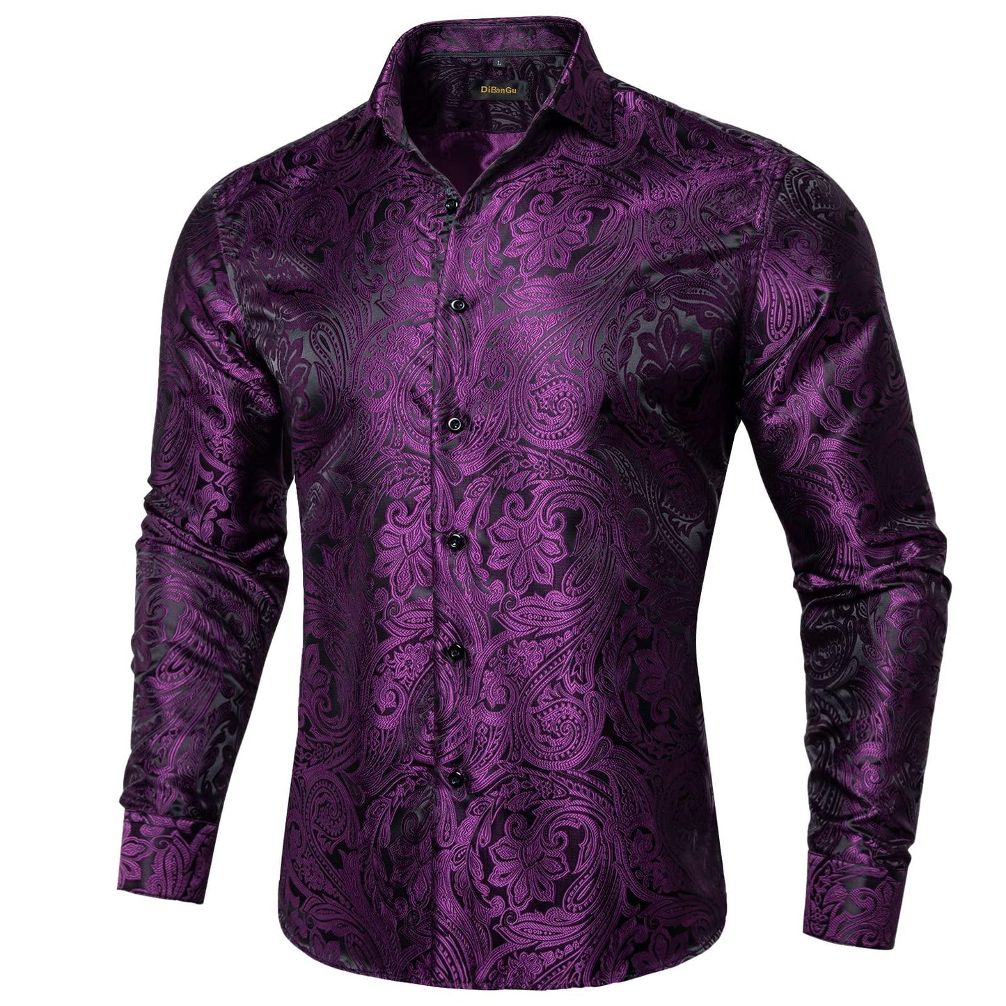 DiBanGu Mens Silk Paisley Dress Shirts,Long Sleeve Button Down Shirt Casual Regular Fit Shirt for Men Wedding Party