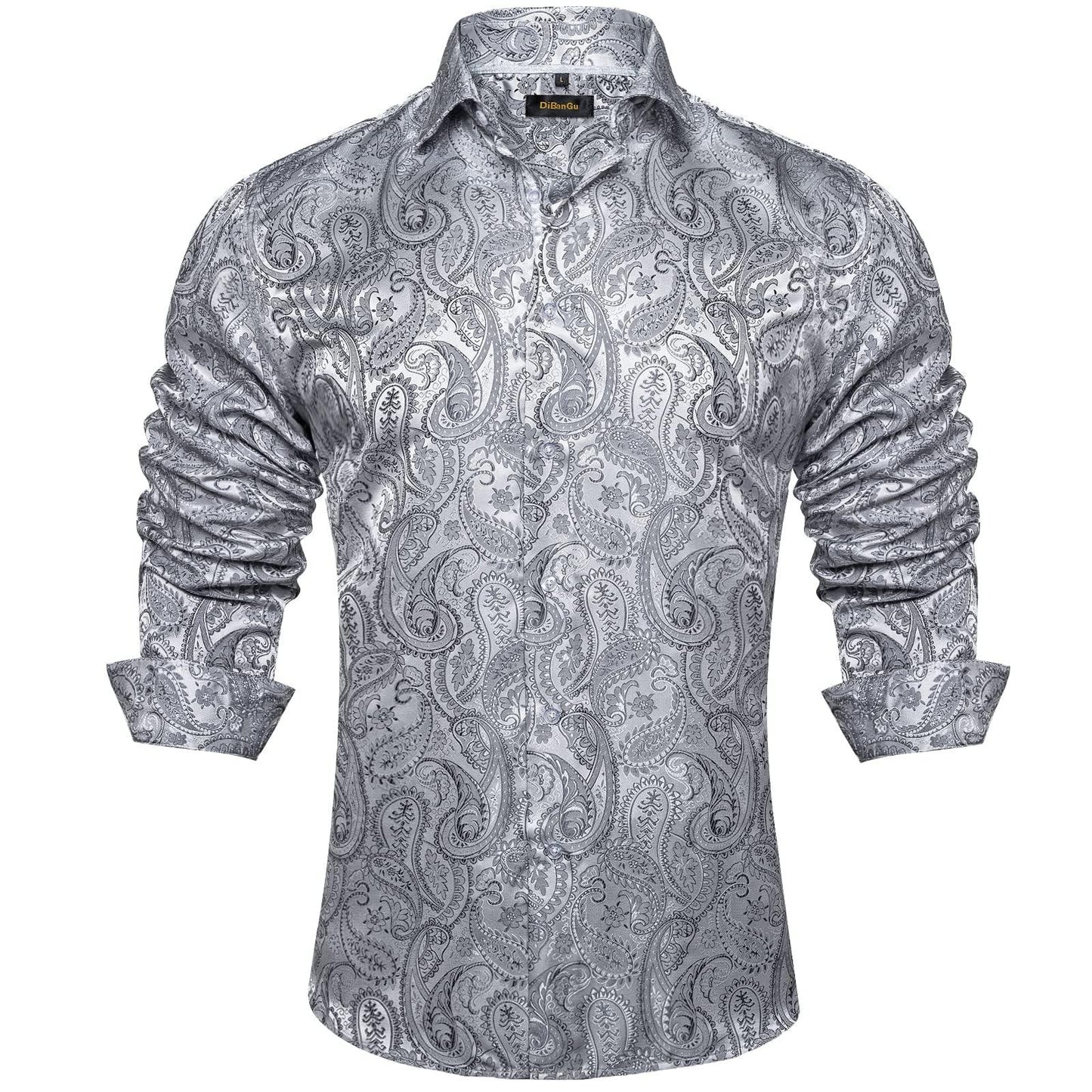 DiBanGu Mens Silk Paisley Dress Shirts,Long Sleeve Button Down Shirt Casual Regular Fit Shirt for Men Wedding Party