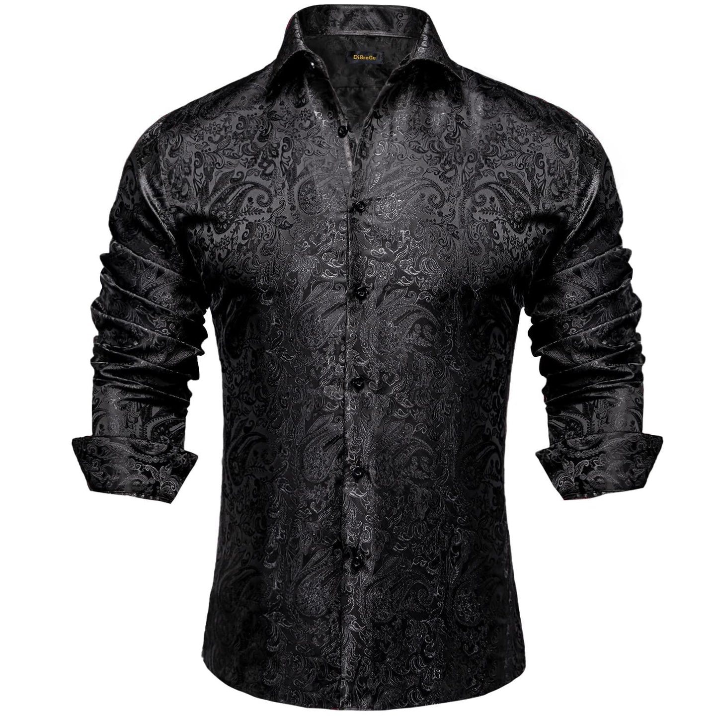 DiBanGu Mens Silk Paisley Dress Shirts,Long Sleeve Button Down Shirt Casual Regular Fit Shirt for Men Wedding Party