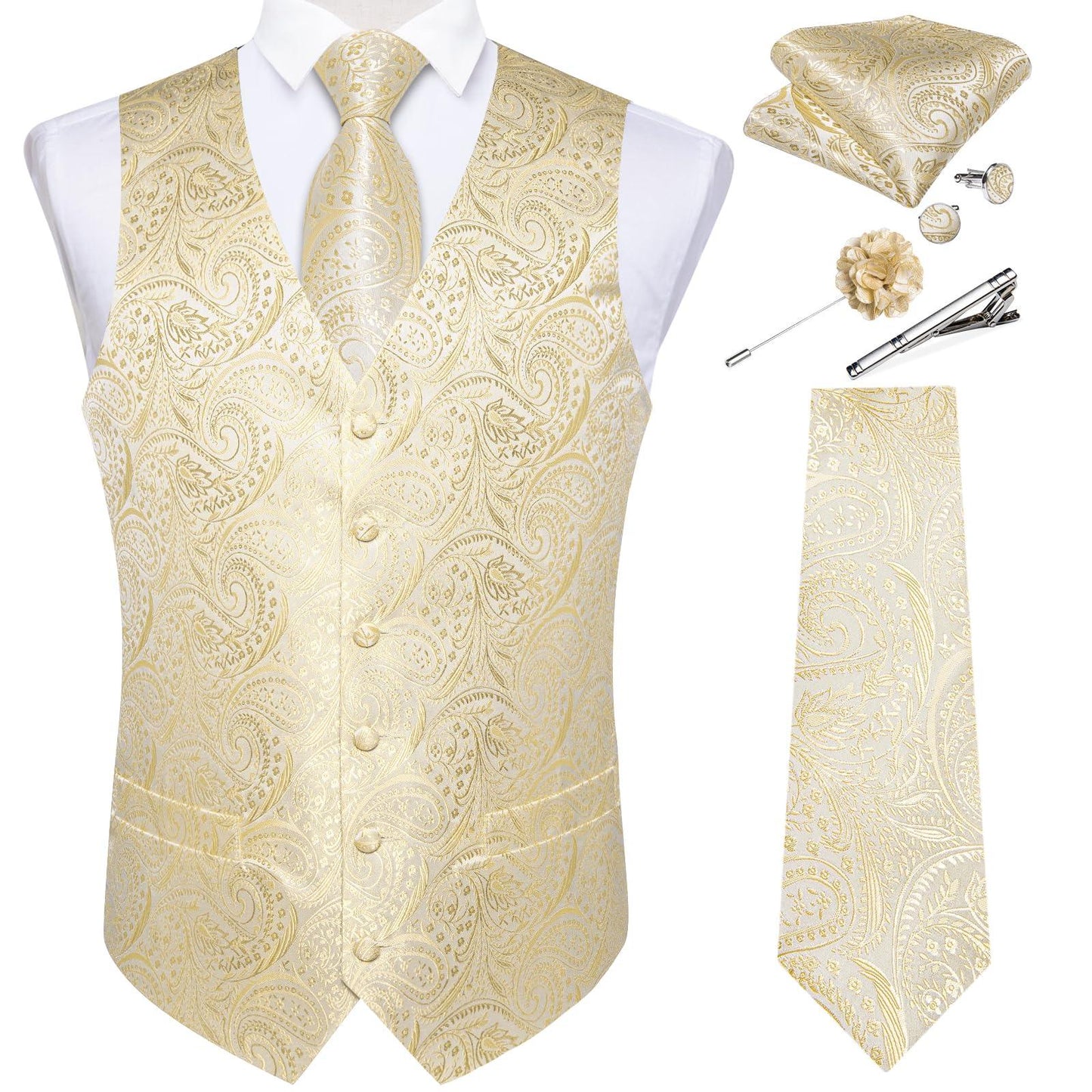 DiBanGu Mens Vest and Tie Set Formal Paisley Waistcoat and Necktie Pocket Square Cufflinks Silk Suit Vest for Tuxedo Wedding