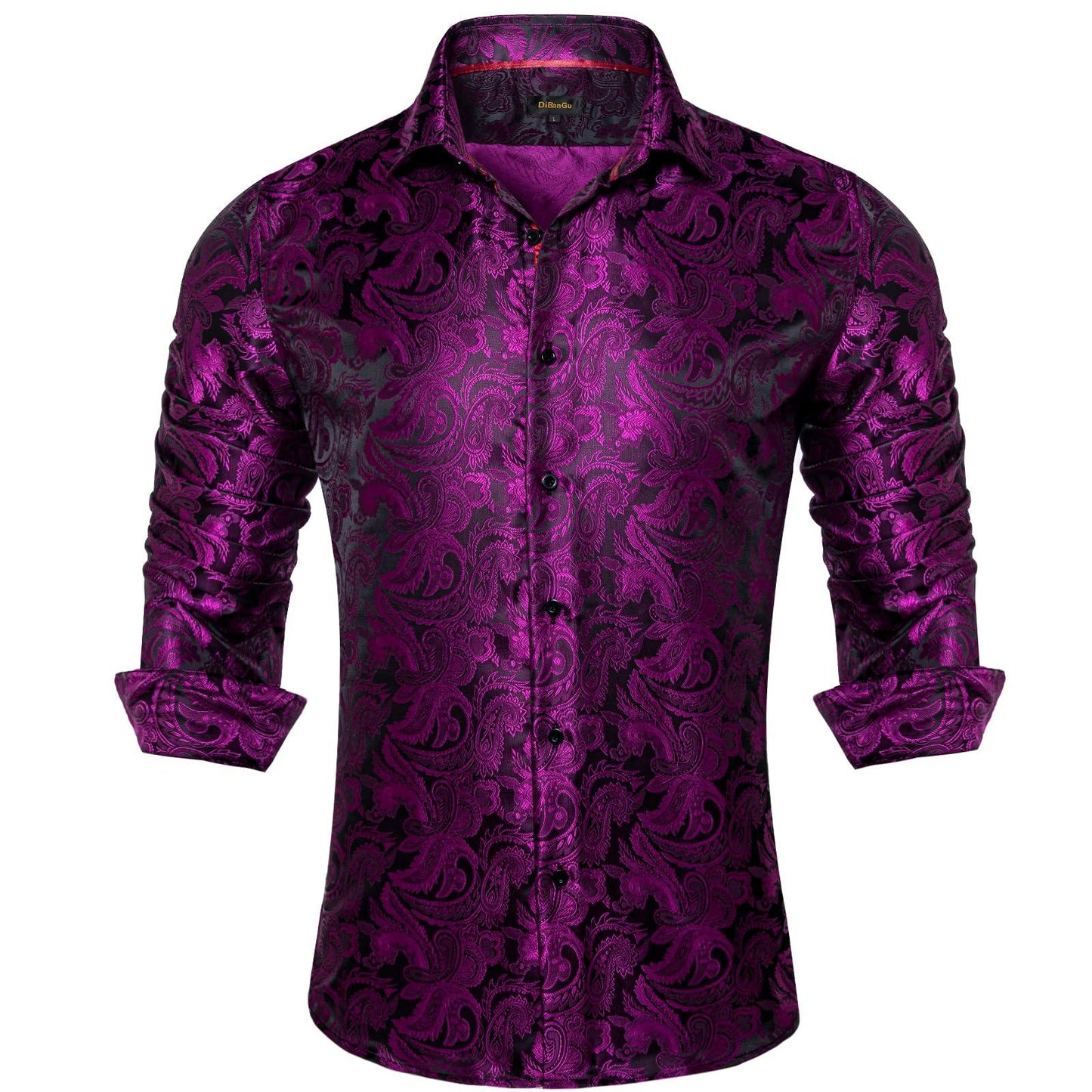 DiBanGu Mens Silk Paisley Dress Shirts,Long Sleeve Button Down Shirt Casual Regular Fit Shirt for Men Wedding Party