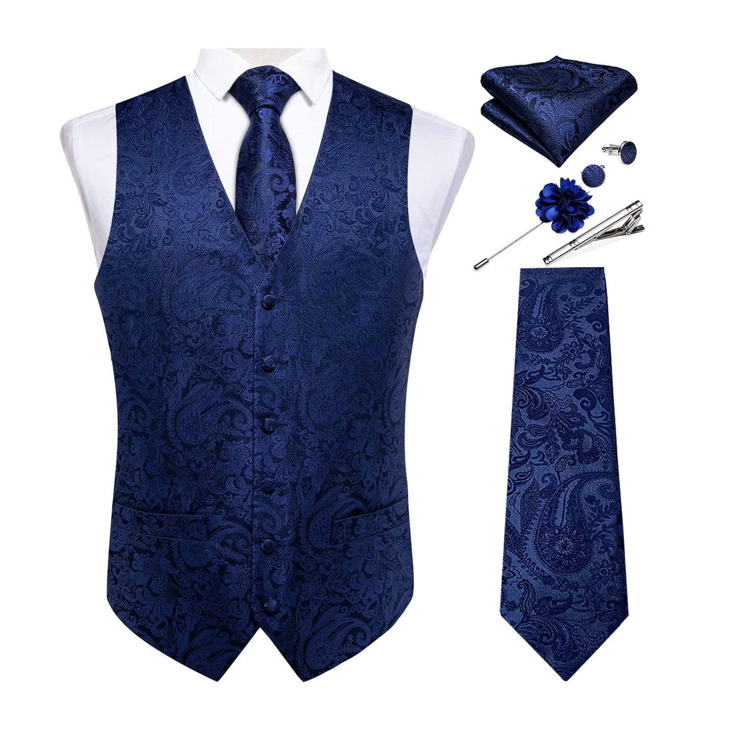 DiBanGu Mens Vest and Tie Set Formal Paisley Waistcoat and Necktie Pocket Square Cufflinks Silk Suit Vest for Tuxedo Wedding