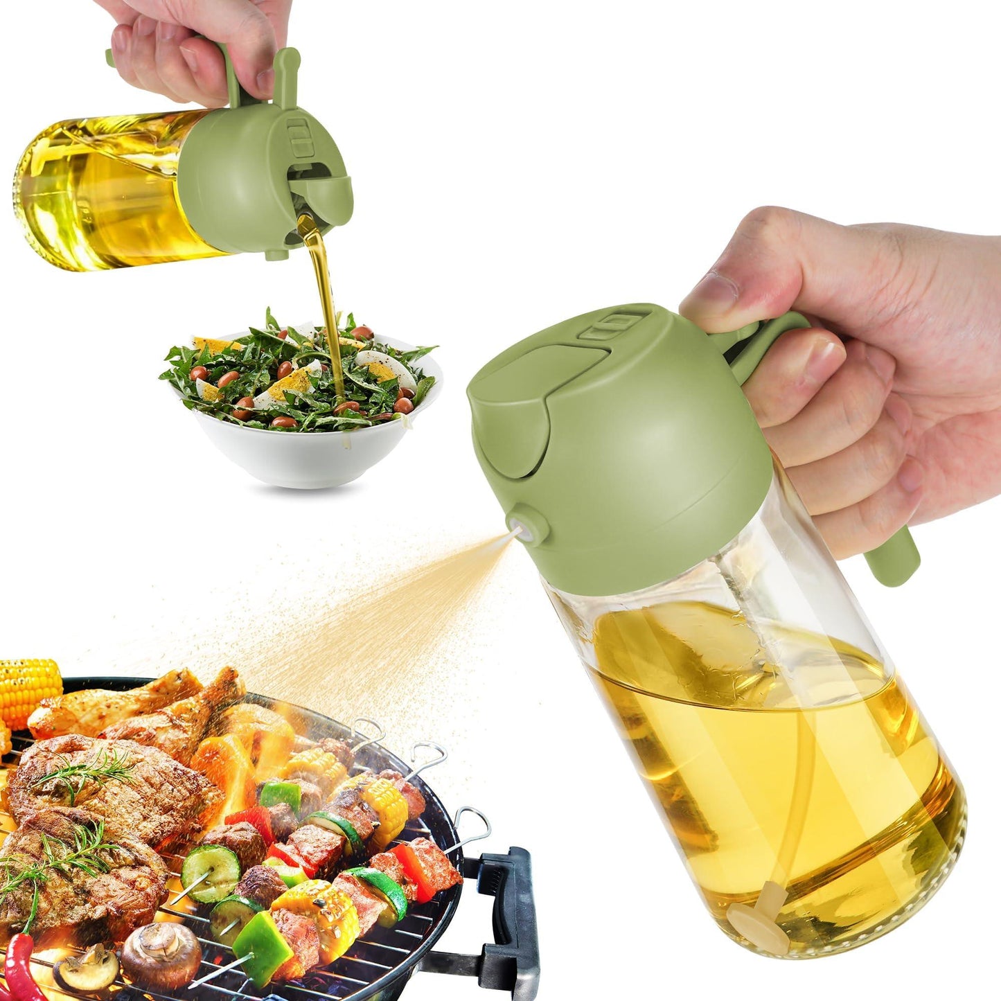 TrendPlain 16oz/470ml Olive Oil Sprayer for Cooking - 2 in 1 Olive Oil Dispenser for Kitchen Gadgets, Air Fryer, Salad, and BBQ - 2 Black