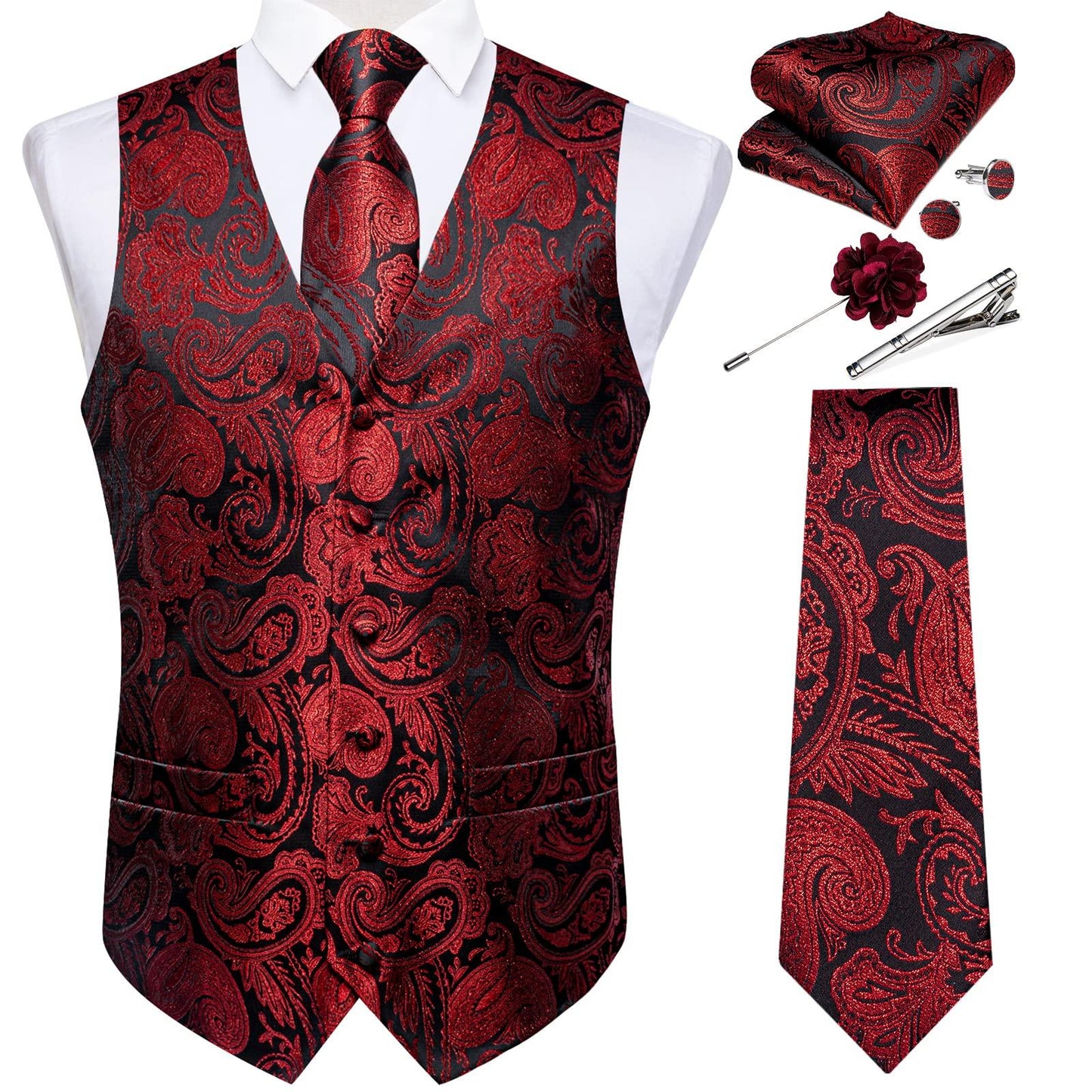 DiBanGu Mens Vest and Tie Set Formal Paisley Waistcoat and Necktie Pocket Square Cufflinks Silk Suit Vest for Tuxedo Wedding