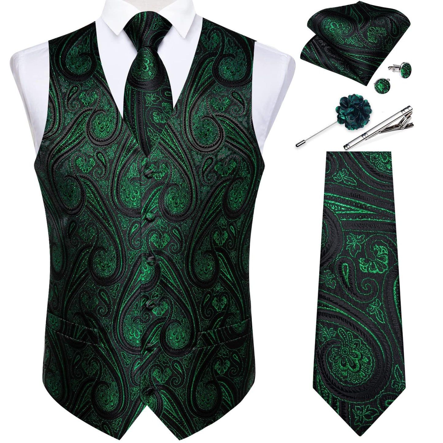 DiBanGu Mens Vest and Tie Set Formal Paisley Waistcoat and Necktie Pocket Square Cufflinks Silk Suit Vest for Tuxedo Wedding