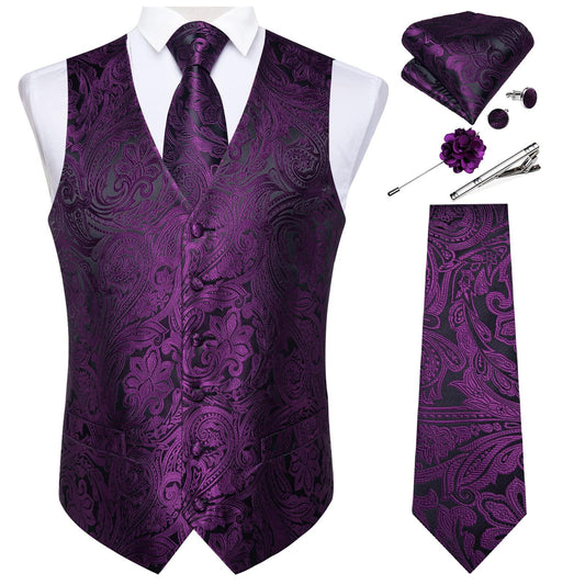 DiBanGu Mens Vest and Tie Set Formal Paisley Waistcoat and Necktie Pocket Square Cufflinks Silk Suit Vest for Tuxedo Wedding