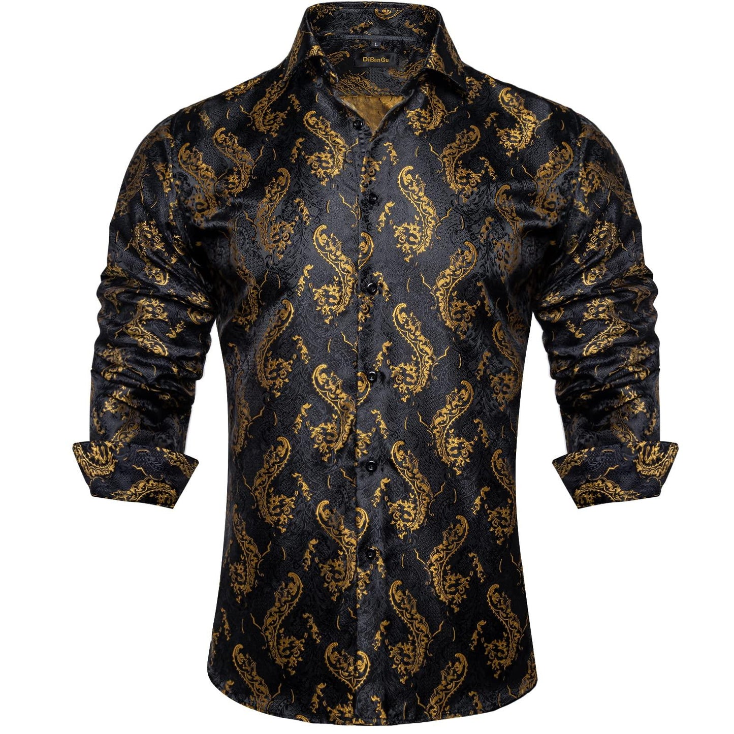 DiBanGu Mens Silk Paisley Dress Shirts,Long Sleeve Button Down Shirt Casual Regular Fit Shirt for Men Wedding Party