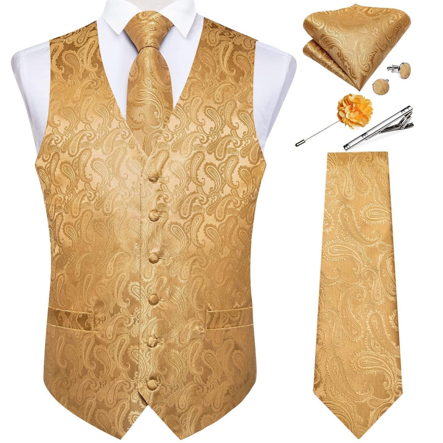 DiBanGu Mens Vest and Tie Set Formal Paisley Waistcoat and Necktie Pocket Square Cufflinks Silk Suit Vest for Tuxedo Wedding