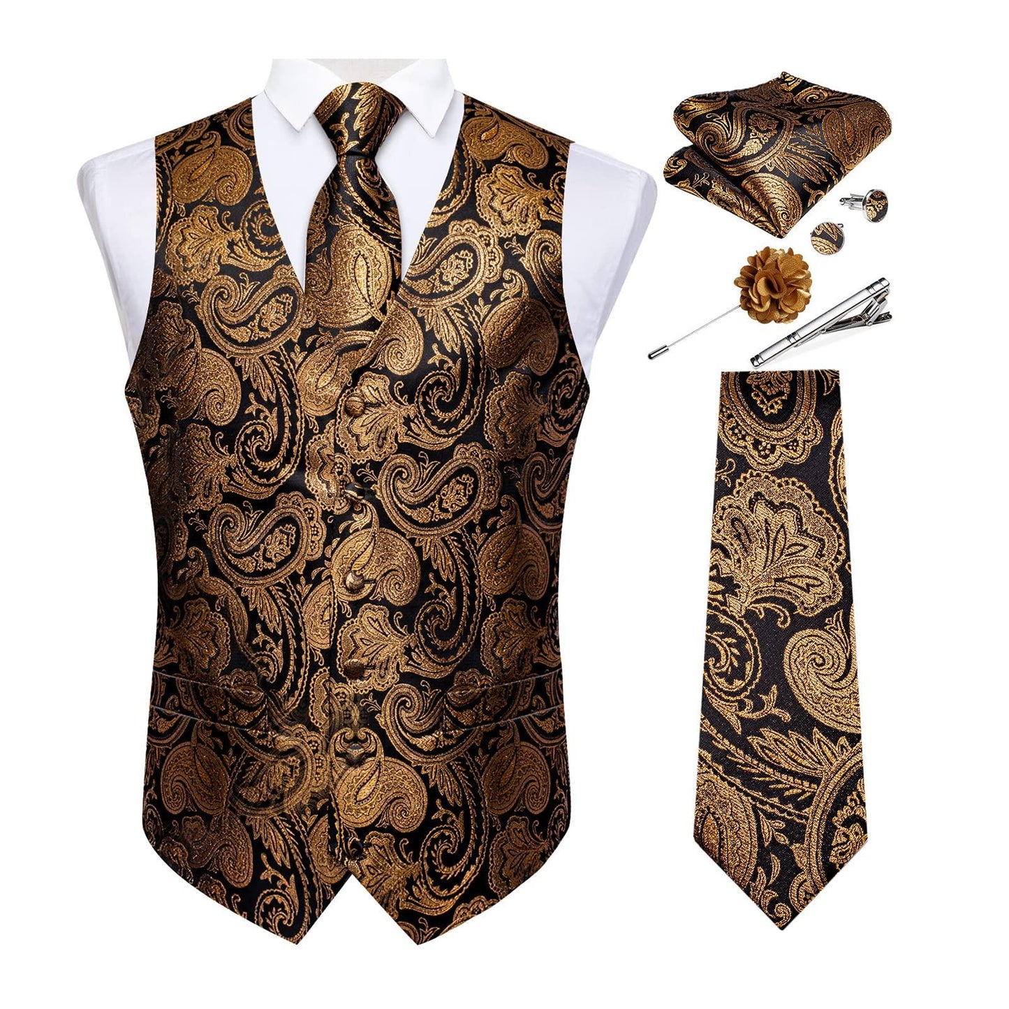 DiBanGu Mens Vest and Tie Set Formal Paisley Waistcoat and Necktie Pocket Square Cufflinks Silk Suit Vest for Tuxedo Wedding