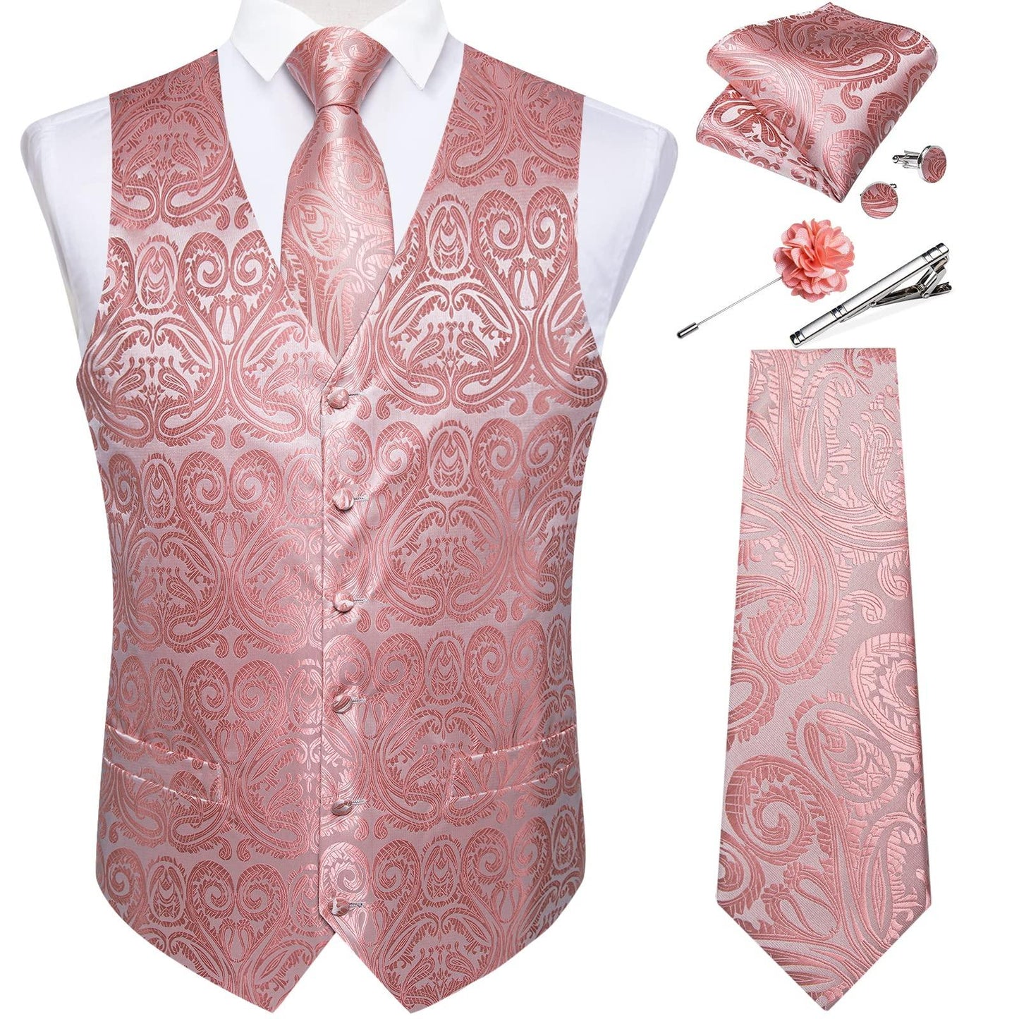 DiBanGu Mens Vest and Tie Set Formal Paisley Waistcoat and Necktie Pocket Square Cufflinks Silk Suit Vest for Tuxedo Wedding