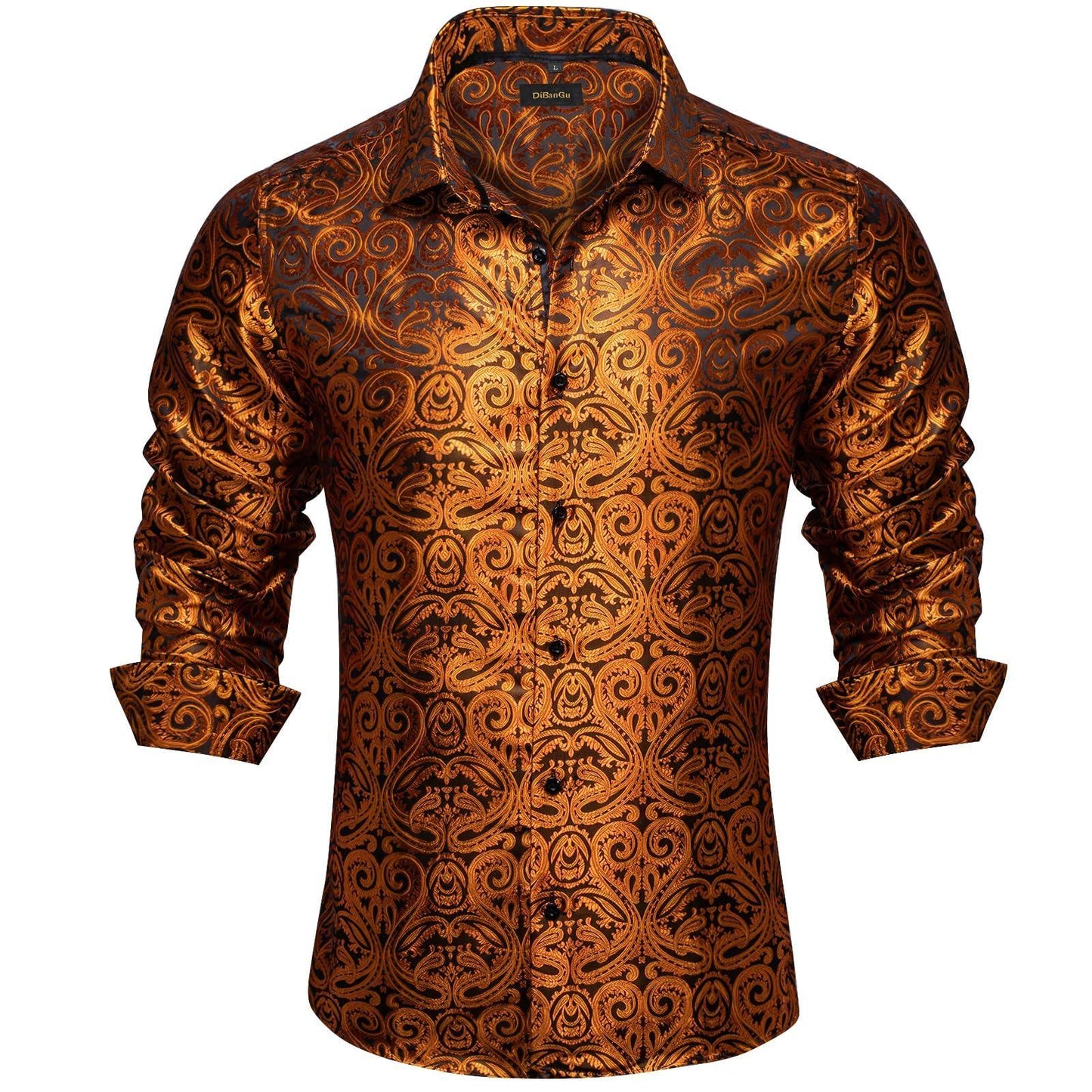 DiBanGu Mens Silk Paisley Dress Shirts,Long Sleeve Button Down Shirt Casual Regular Fit Shirt for Men Wedding Party