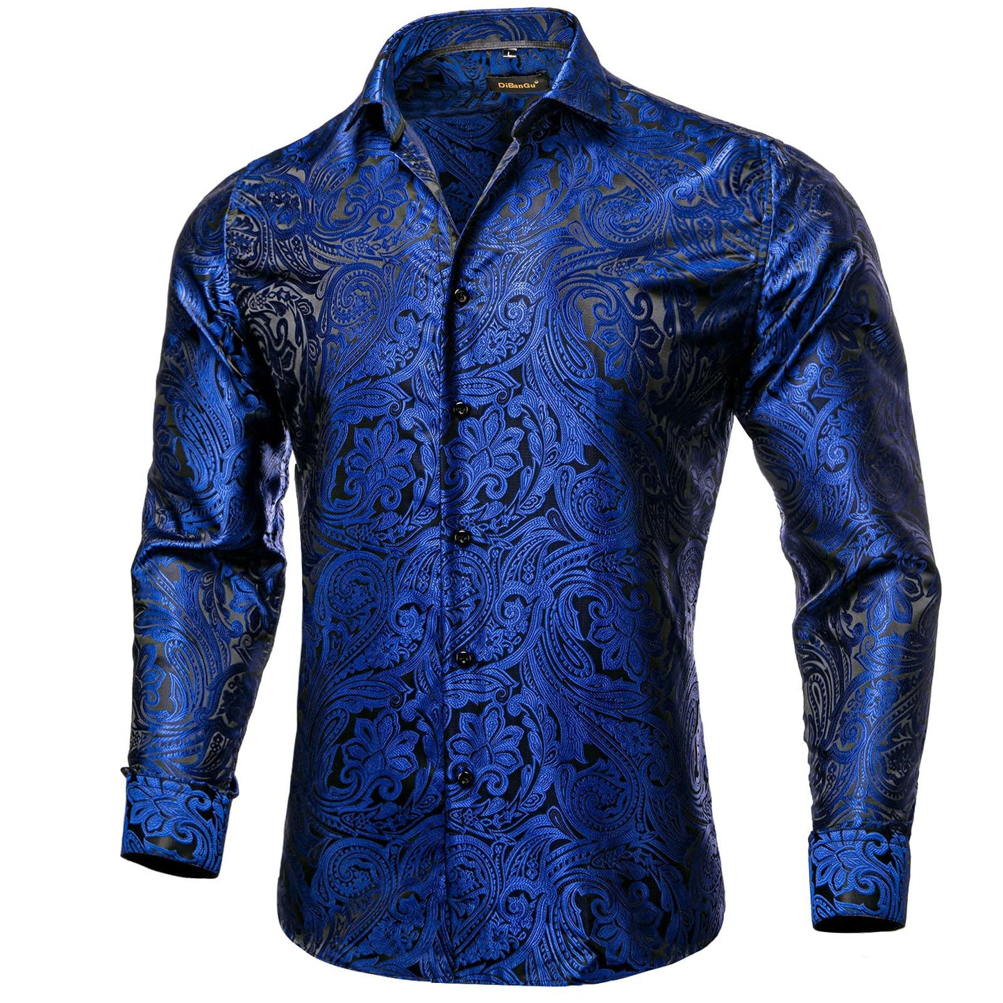 DiBanGu Mens Silk Paisley Dress Shirts,Long Sleeve Button Down Shirt Casual Regular Fit Shirt for Men Wedding Party