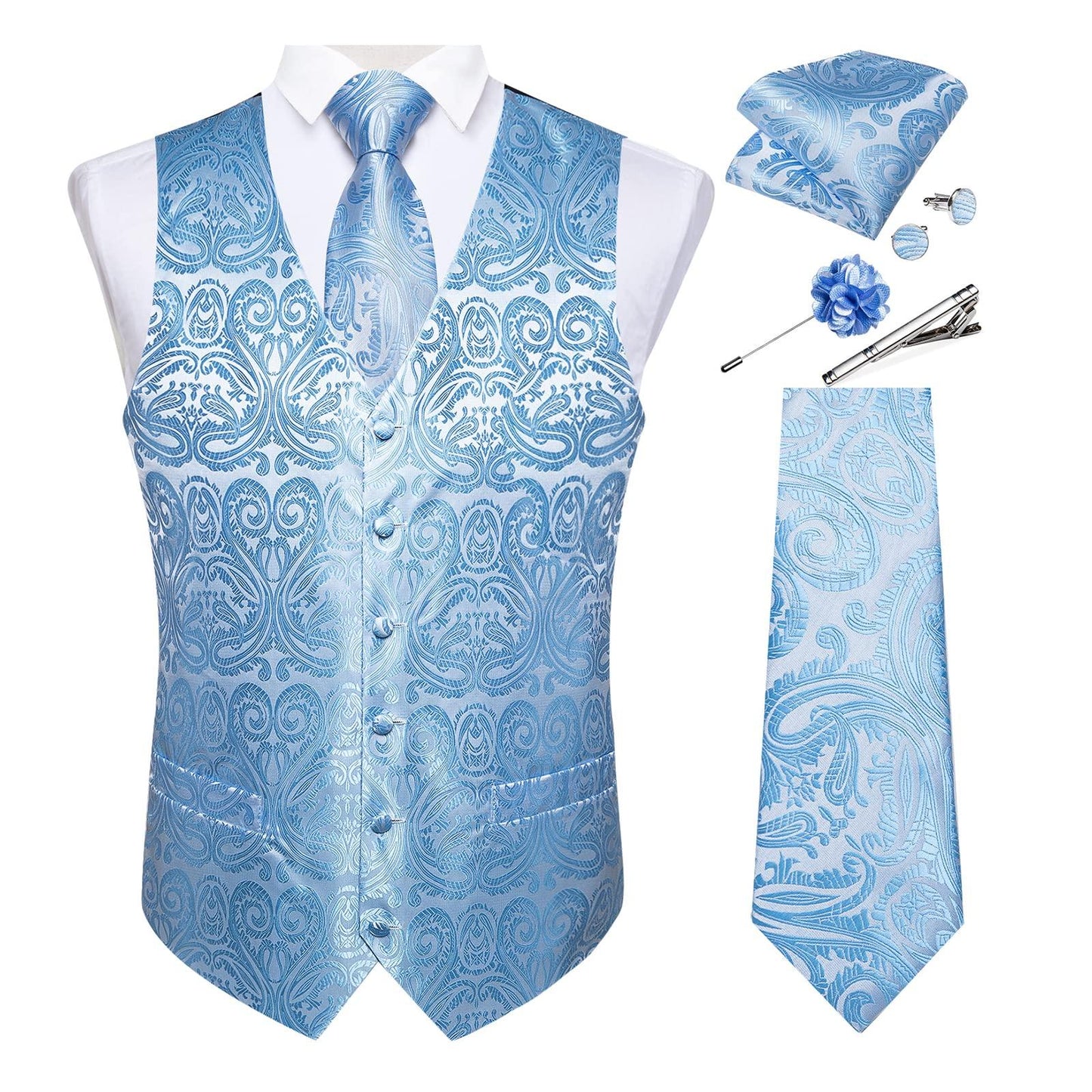 DiBanGu Mens Vest and Tie Set Formal Paisley Waistcoat and Necktie Pocket Square Cufflinks Silk Suit Vest for Tuxedo Wedding