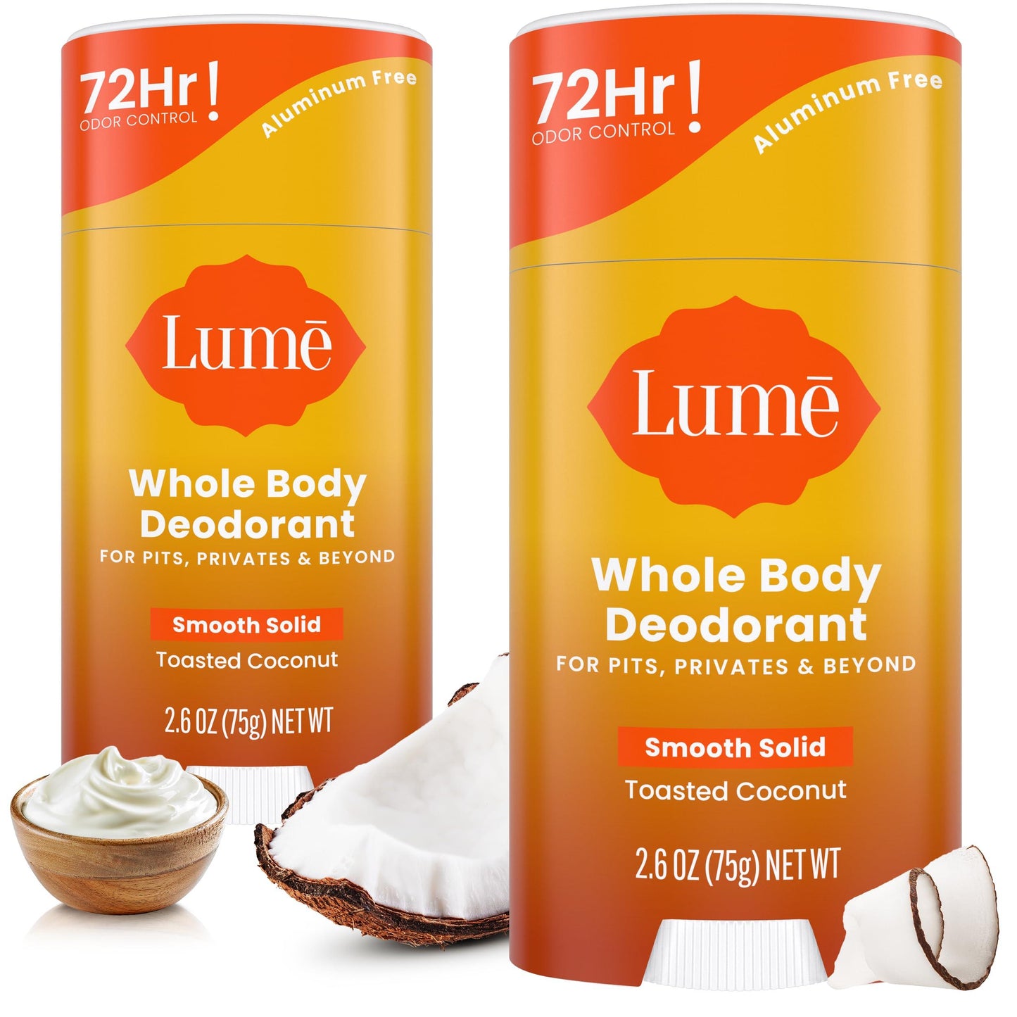 Lume Whole Body Deodorant - Smooth Solid Stick - 72 Hour Odor Control - Aluminum Free, Baking Soda Free and Skin Safe - 2.6 Ounce (Pack of 2) (Clean Tangerine)